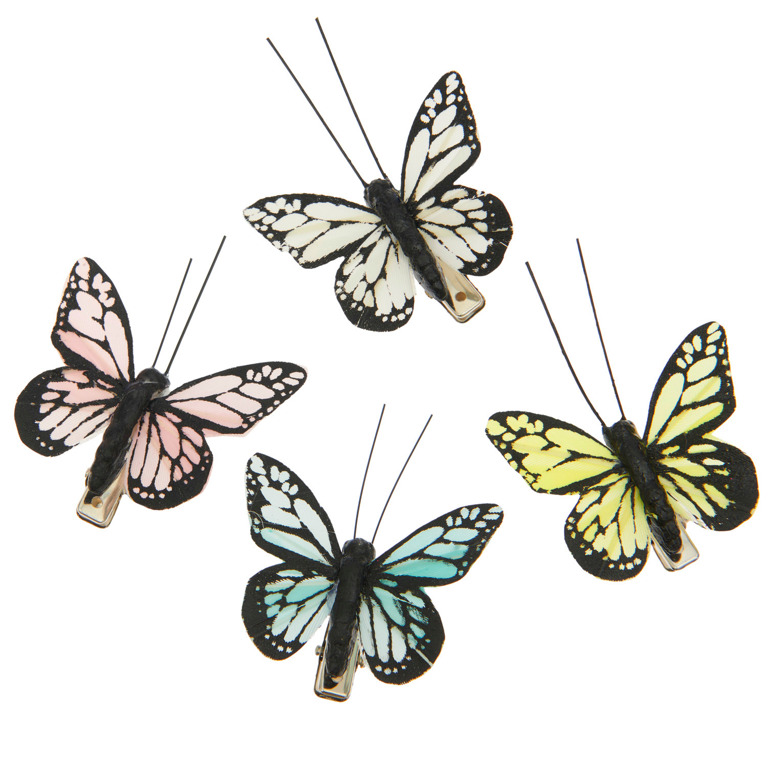 Schmetterling mit Clip Mix Bunt: Vier dekorative Schmetterlinge von Rico Design in verschiedenen Farben, ideal für kreative Projekte.