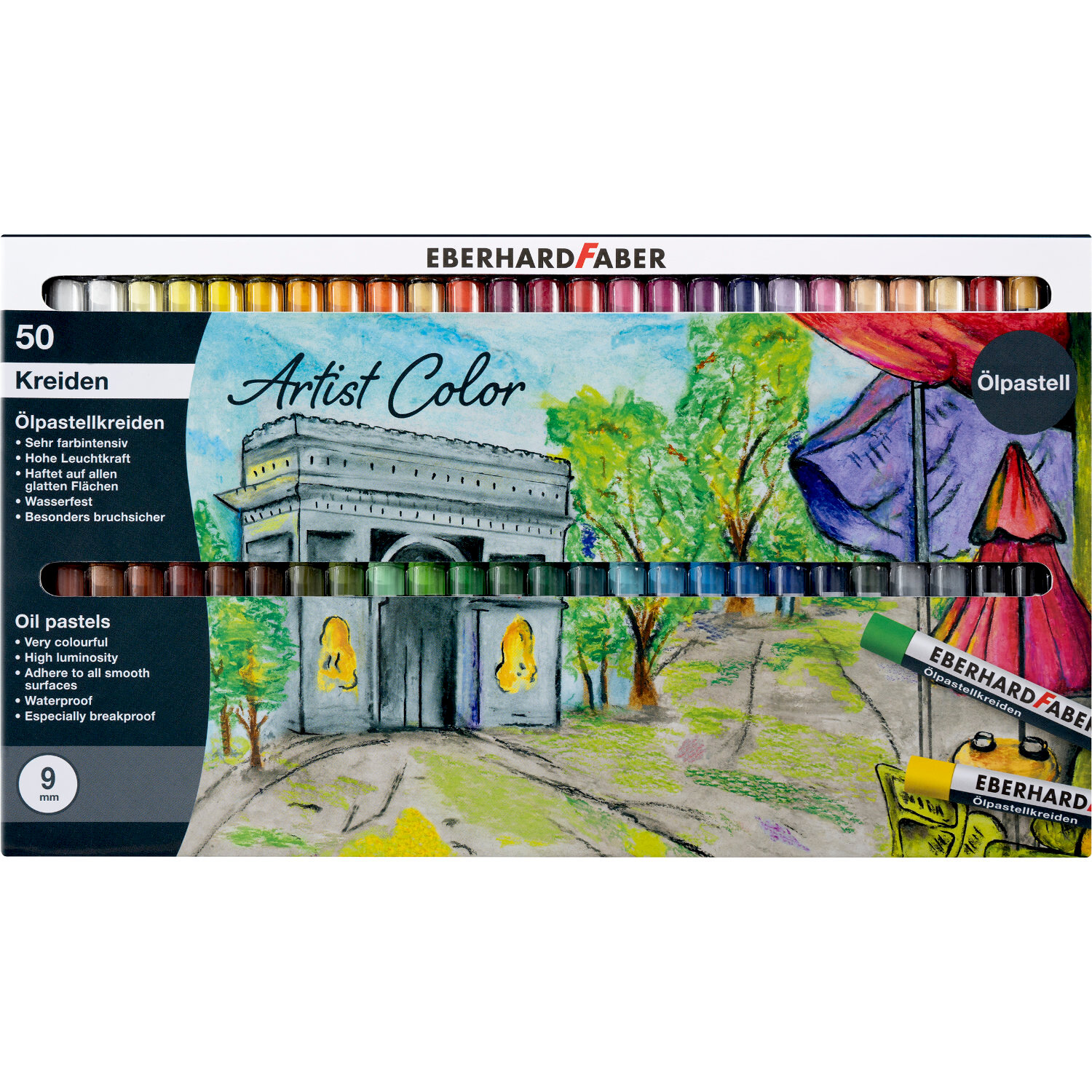 Artist Color Ölpastellkreide, 50-teilig, zeigt eine bunte Landschaft mit Bäumen und einem Torbogen. Marke: Eberhard Faber.