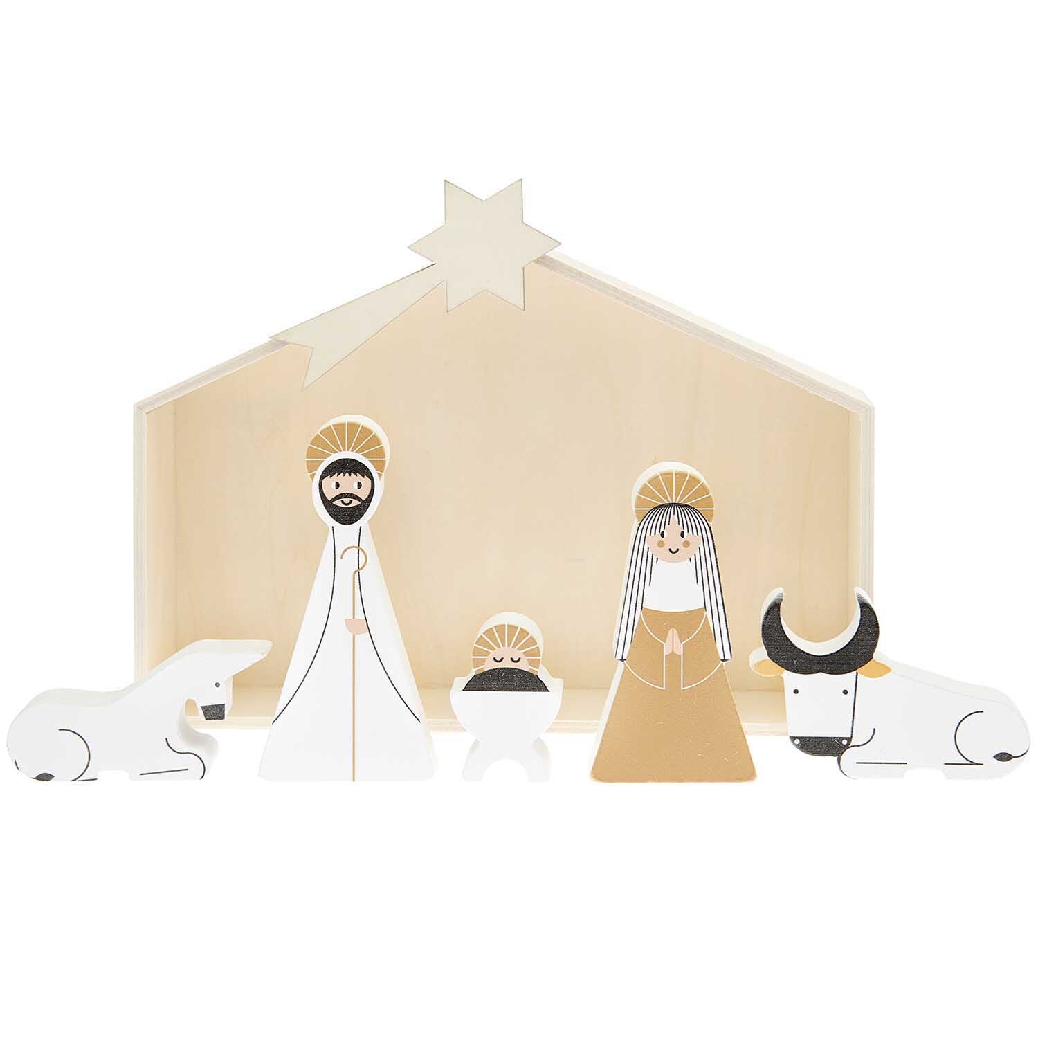 Holz-Krippe: Sechsteiliges Set mit Figuren aus Holz, darunter Maria, Josef und Tiere, vor einem Stall. Ideal für weihnachtliche Dekorationen.