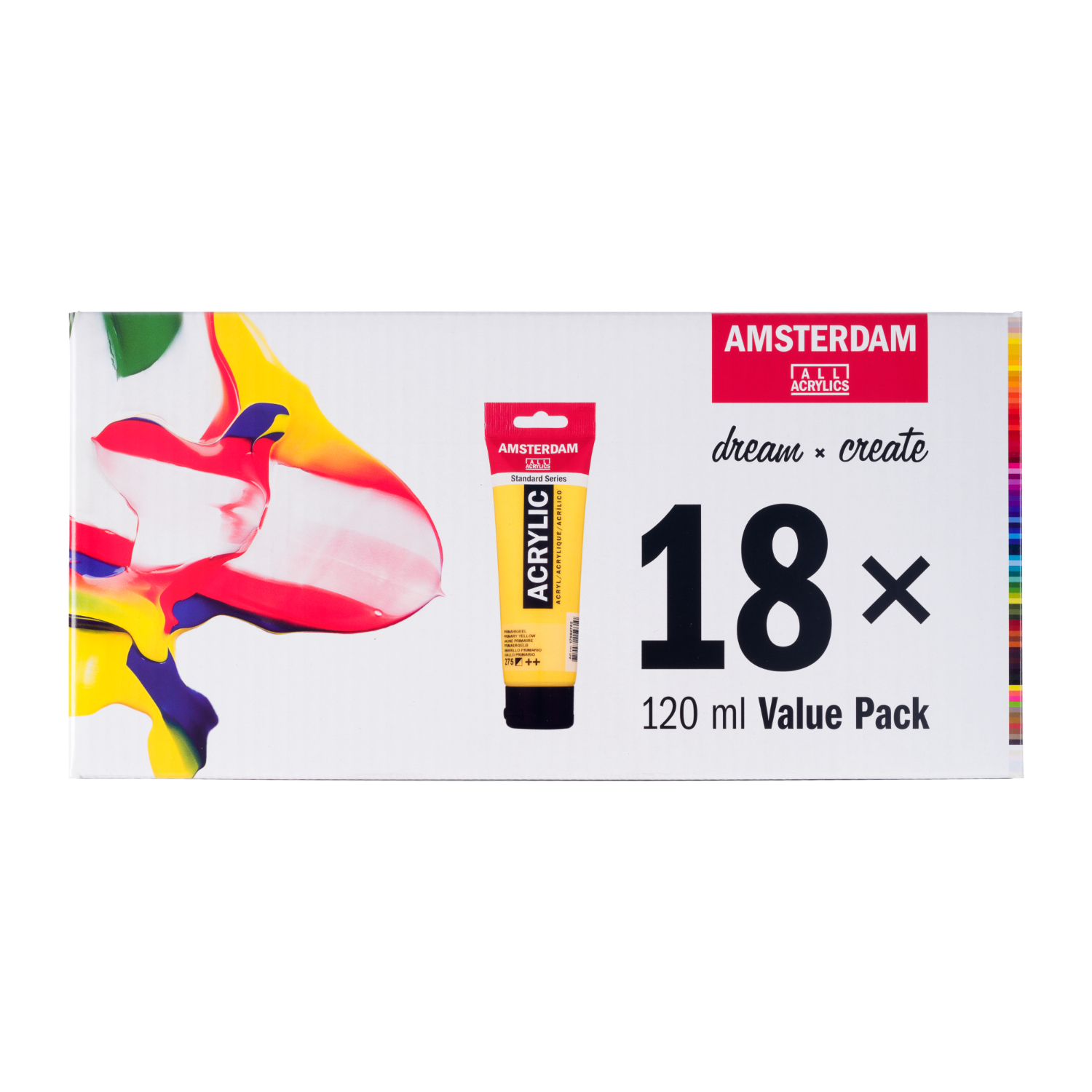 Vorteilspackung 18 x 120 ml von AMSTERDAM, zeigt bunte Acrylfarben und eine Tube auf der Verpackung.