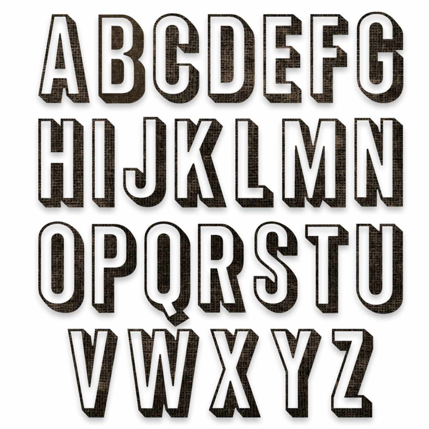 Thinlits Die Set Alphanumeric Shadow Upper zeigt schwarze Buchstaben von A bis Z in Blockschrift. Ideal für kreative Projekte.