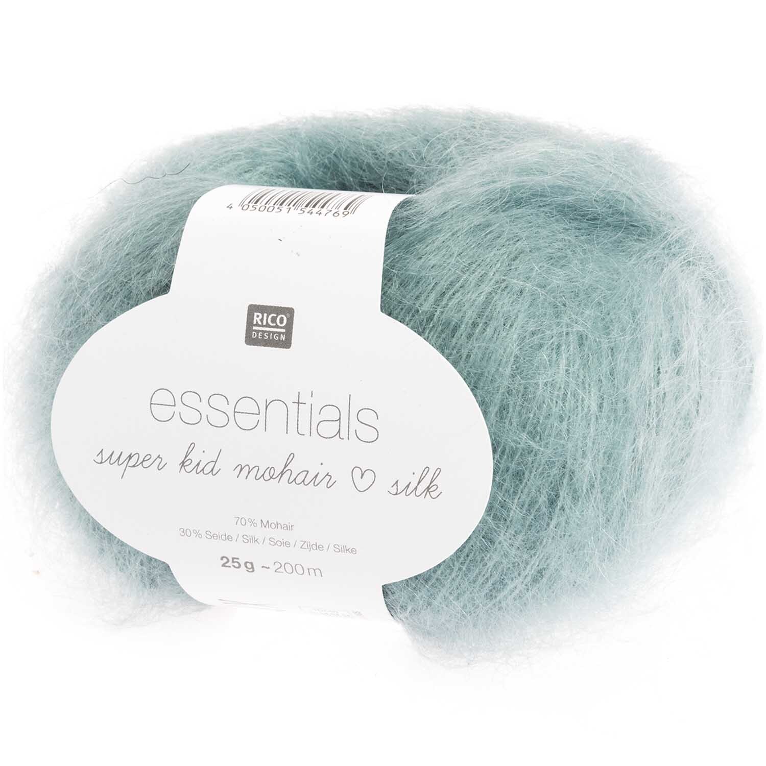 Essentials Super Kid Mohair Loves Silk: Weiches, aqua-farbenes Garn von Rico Design, ideal für Stricksets und Accessoires.