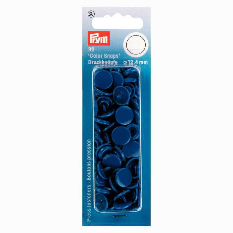 Color Snaps Druckknöpfe in Blau von Prym, 12,4mm, 30 Stück in einer blauen Verpackung. Ideal für Nähprojekte.