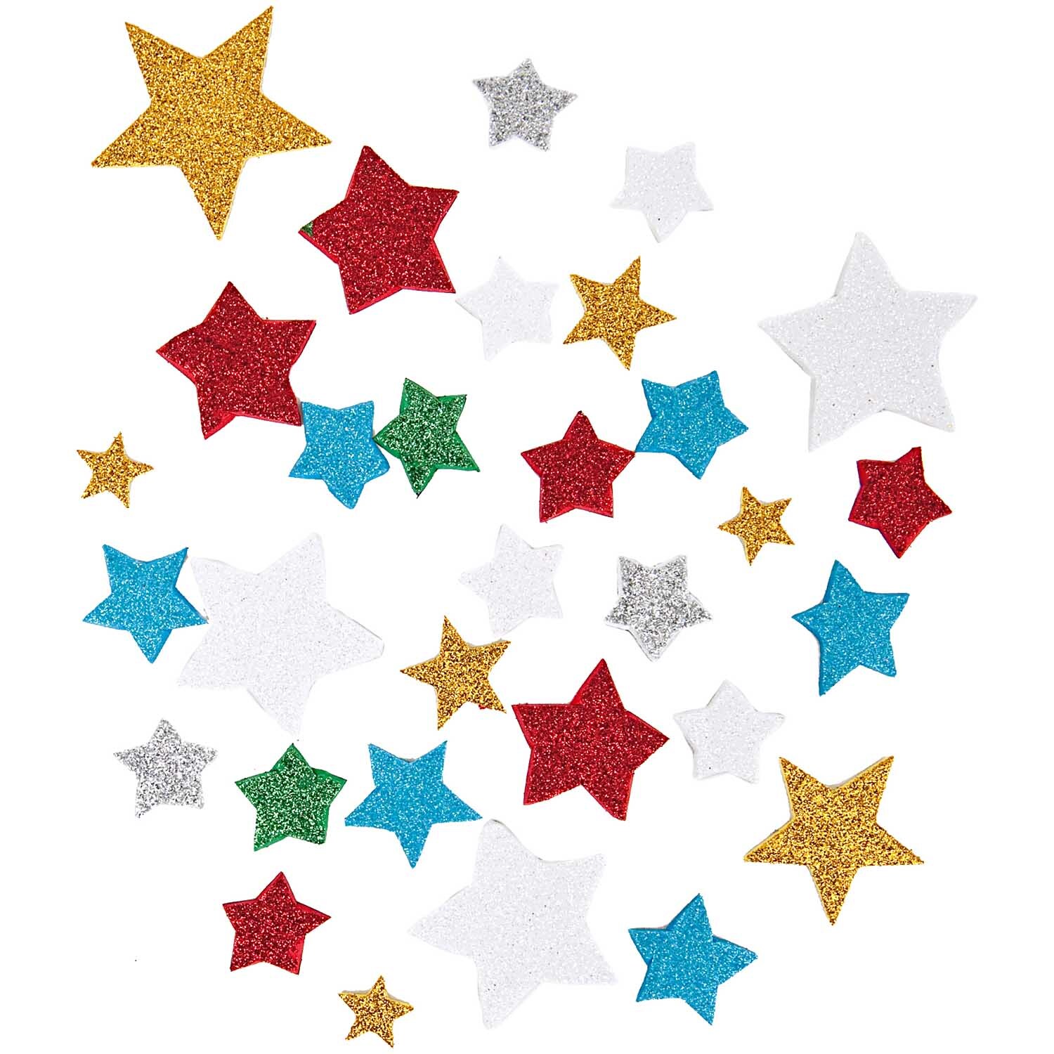 Moosgummi Sterne Glitter selbstklebend in verschiedenen Farben von Rico Design, ideal für kreative Bastelprojekte.