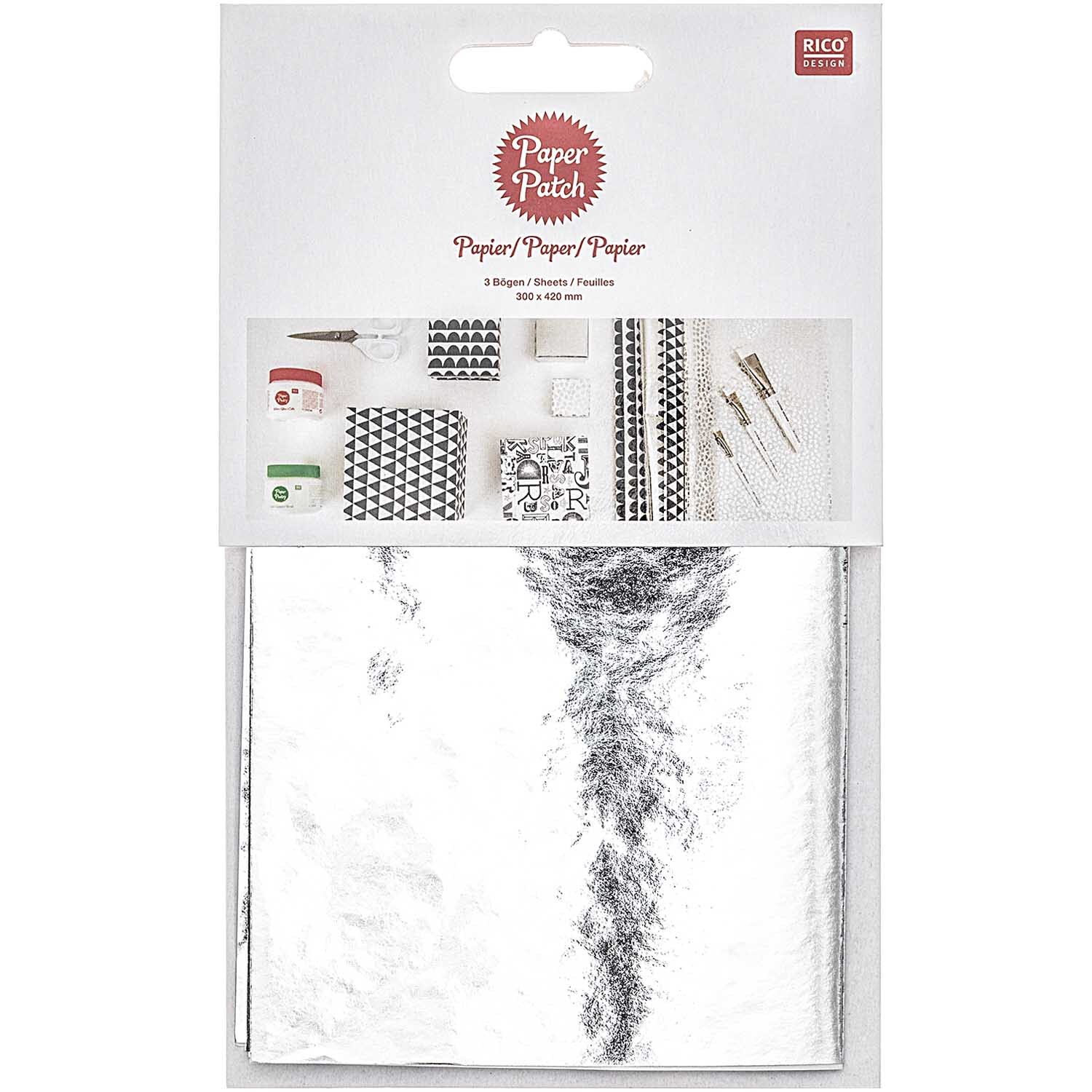 SB Paper Patch Papier silber 30x42cm 3 Bogen Hot Foil von Rico Design