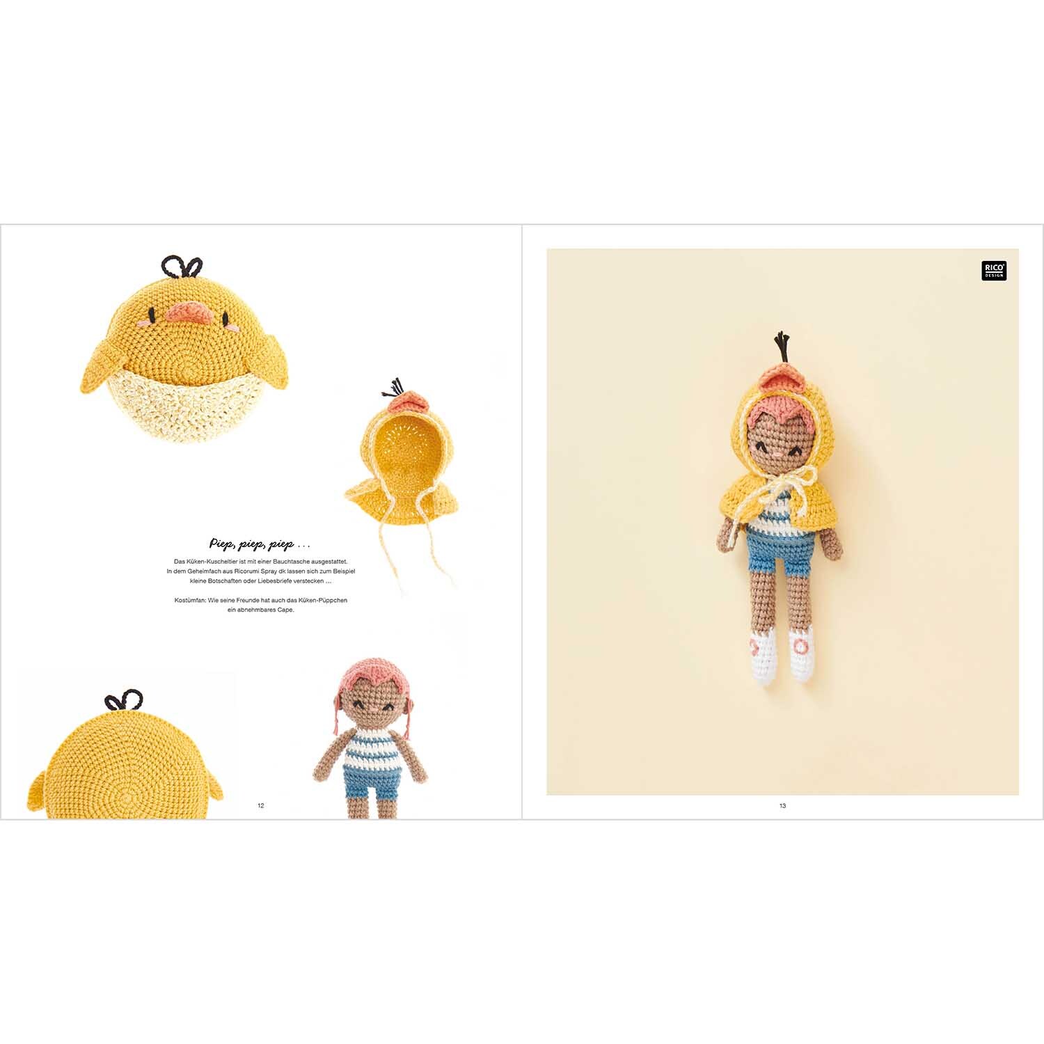 Ricorumi Crochet Your Character deutsch: Häkelanleitung mit gelbem Küken und Puppe von Rico Design.