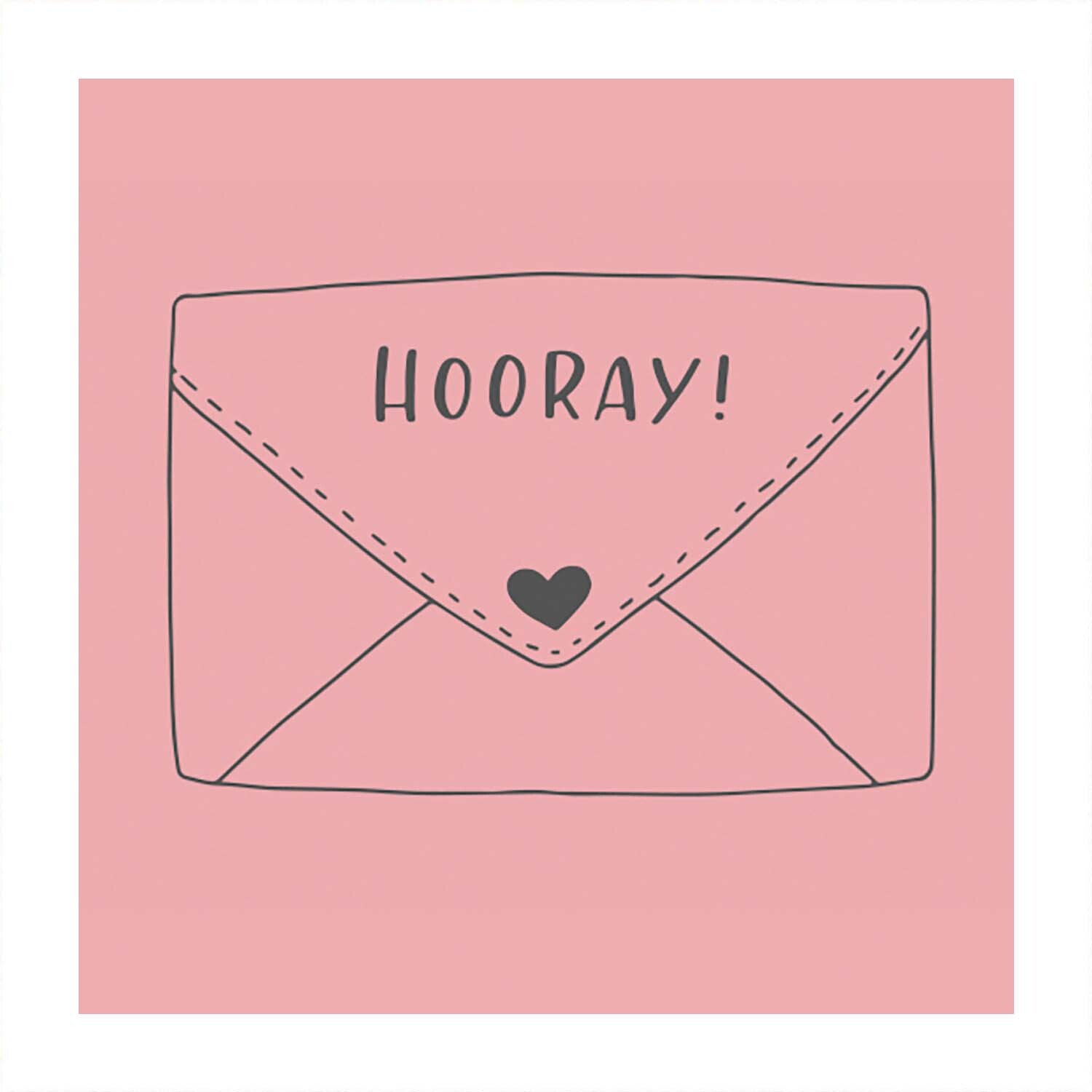 Stempel Hooray! in Rosa mit einem gezeichneten Umschlag und Herzmotiv, von May&Berry.