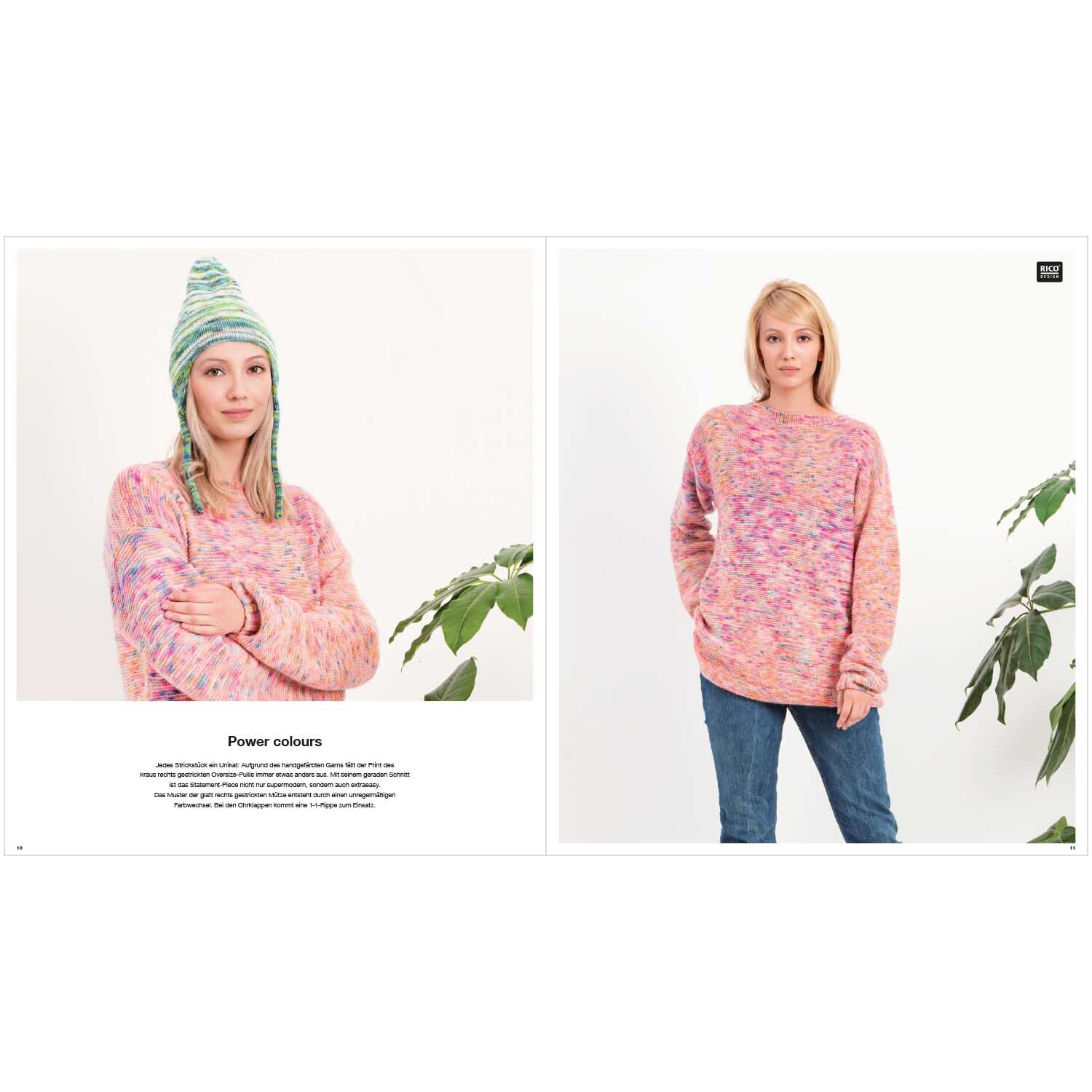 Luxury Hand-Dyed Happiness Special: Zwei Frauen in bunten Strickpullovern von Rico Design, umgeben von Pflanzen.