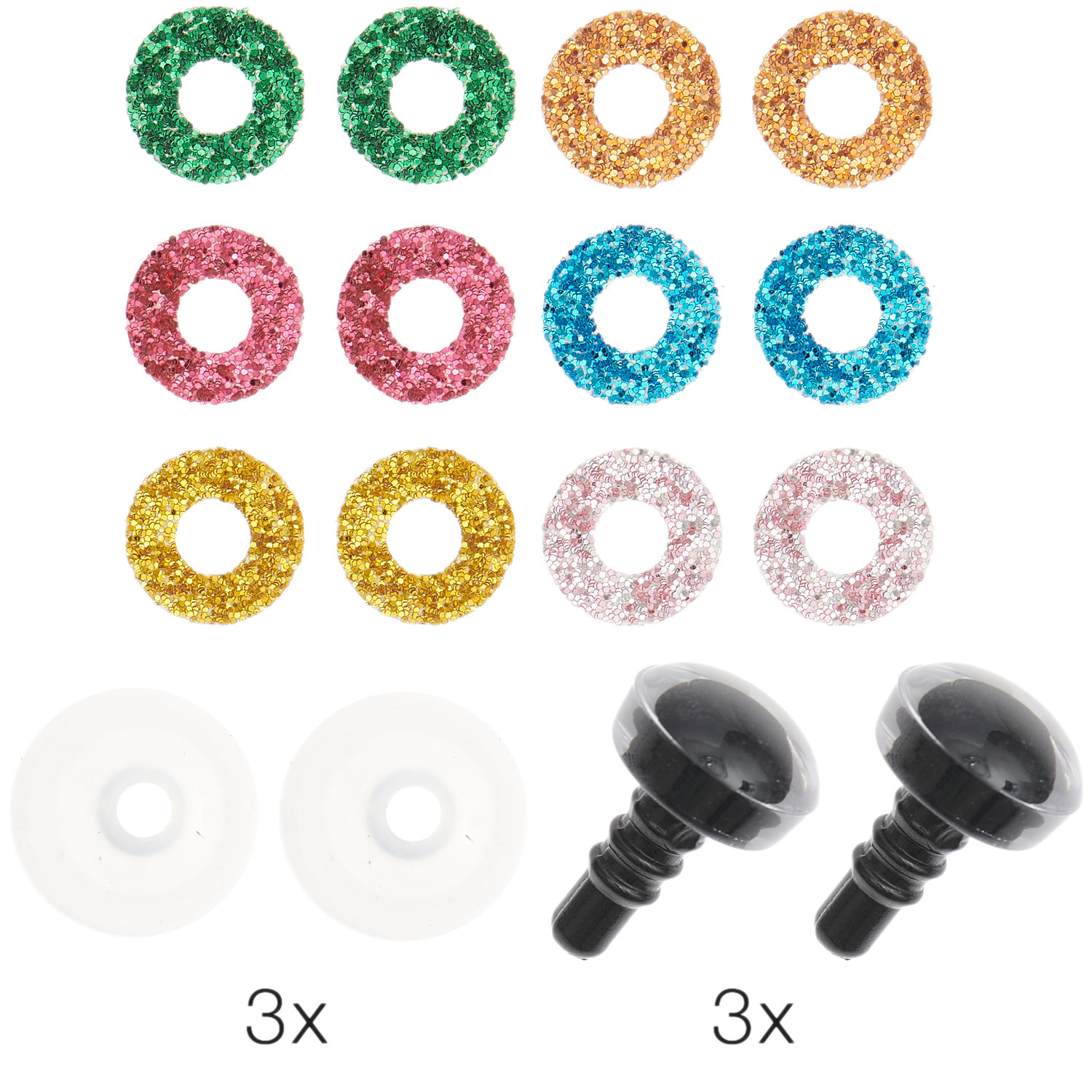 Sicherheitsaugen-Set für Kuscheltiere 6 Farben, 3 Paar 12mm, glitzernde Ringe in Grün, Gold, Rot, Blau, Rosa, mit schwarzen Augen und Verschlüssen.