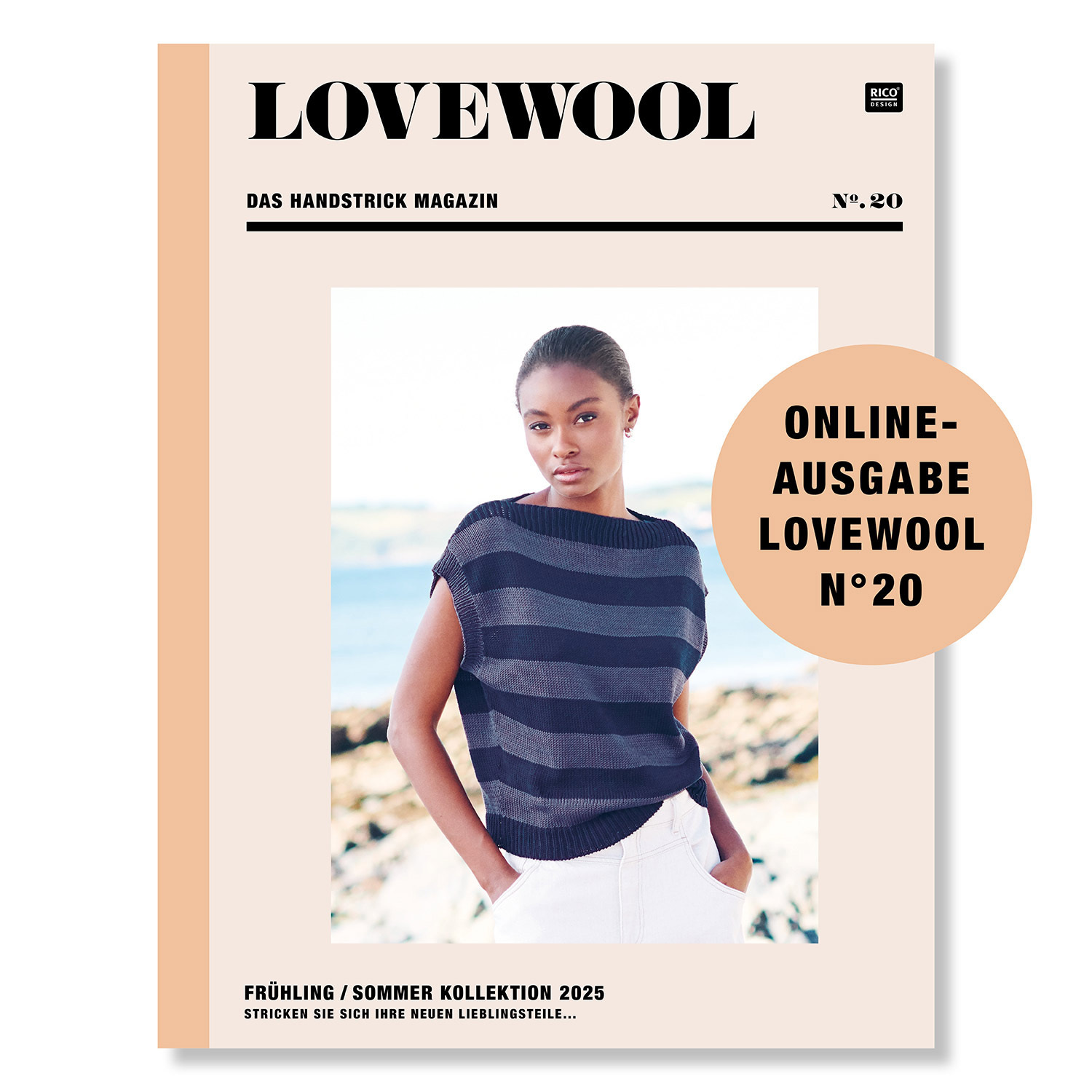 Online-Ausgabe Lovewool No. 20: Frau in gestreiftem Pullover vor Strandkulisse, Rico Design Magazin.