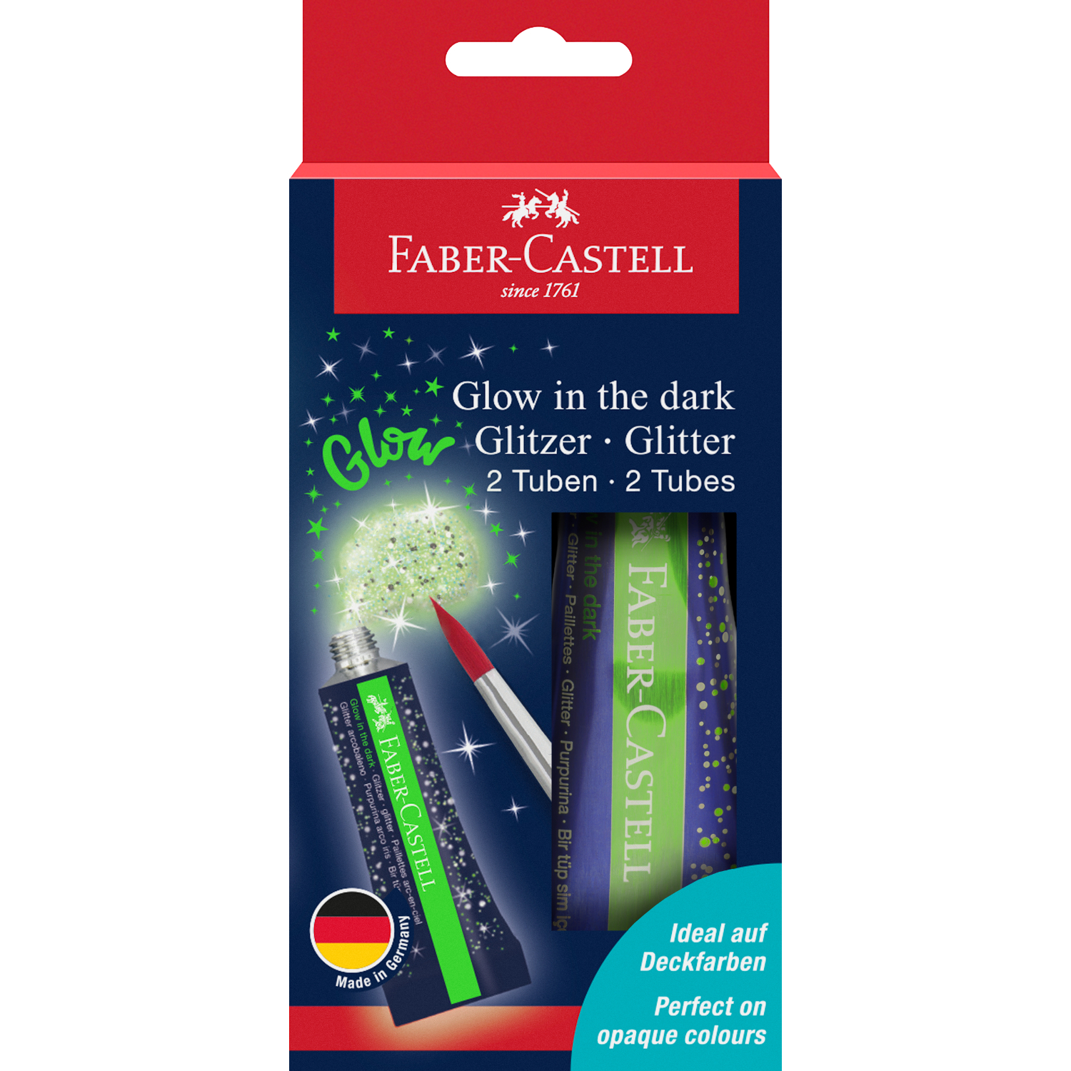 Glitzer Glow in the dark: Faber Castell Set mit zwei Tuben, ideal für Deckfarben, 12ml.