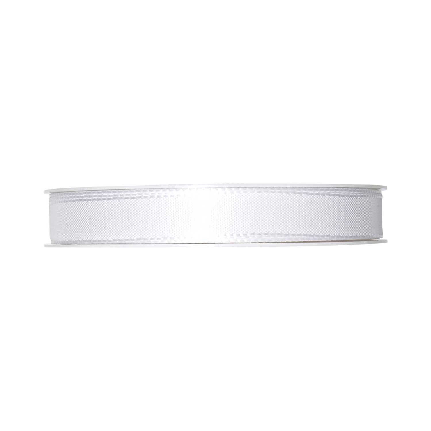 Taftband 15mm 10m: Weißes Band von Halbach, aufgerollt, ideal für Dekorationen und Bastelprojekte.
