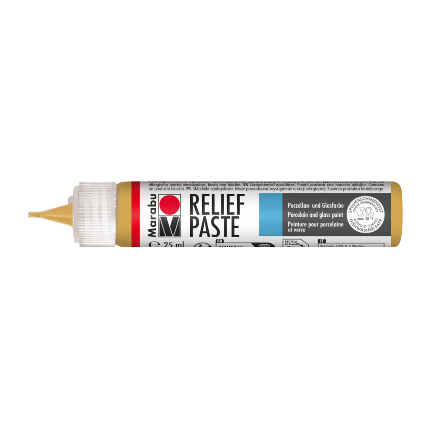 Marabu Reliefpaste Metallic in Gold, 25ml Tube für präzise Verzierungen auf Glas und Porzellan.