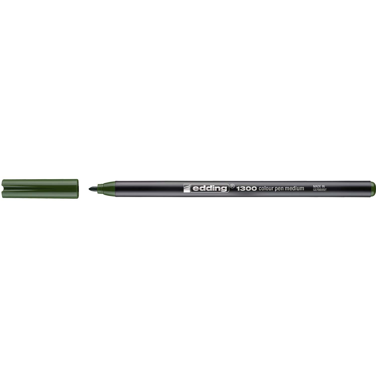 1300 colorpen 3mm in Olivgrün von edding, abgebildet mit abgenommenem Deckel auf weißem Hintergrund.