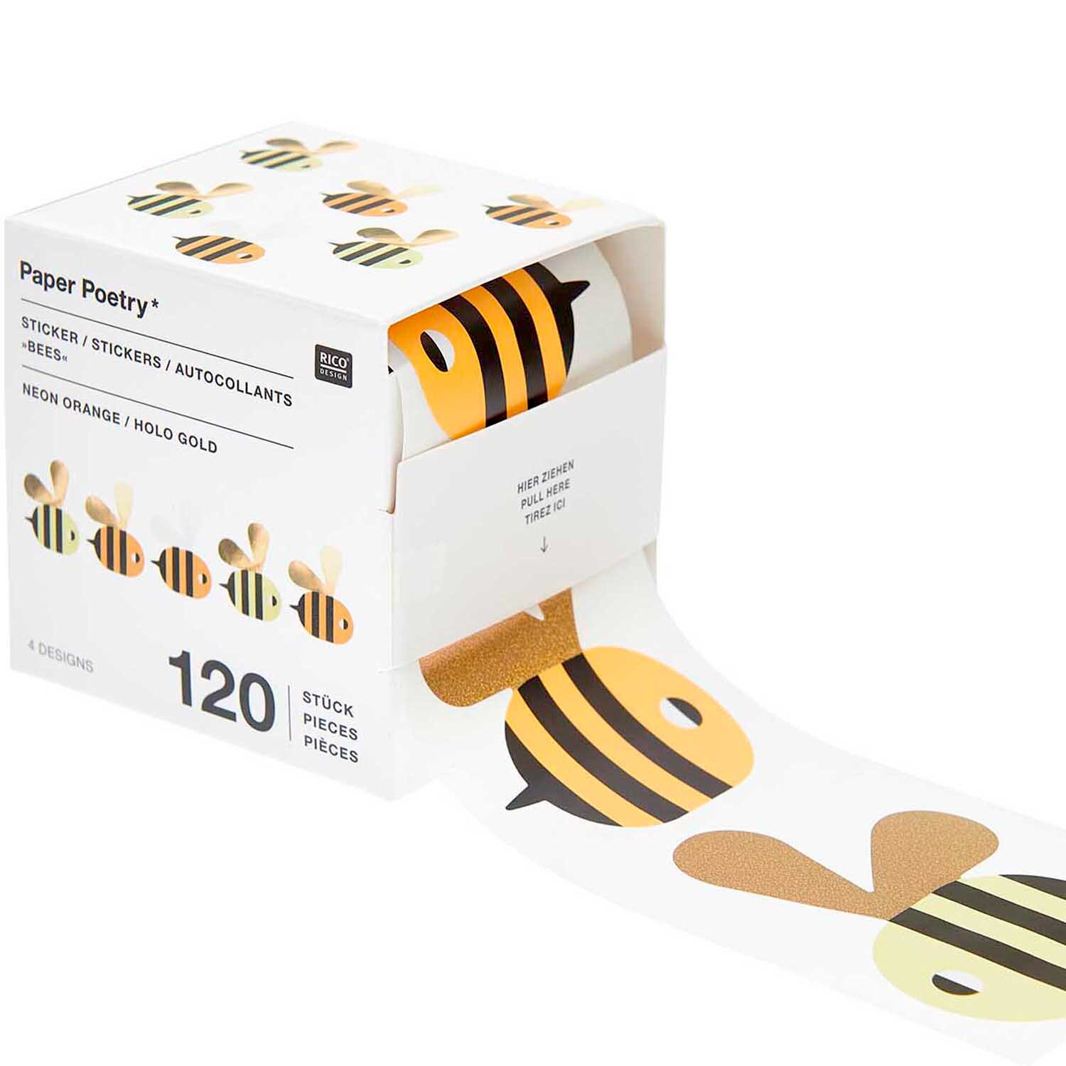 Paper Poetry Sticker Bienen Ø 5cm 120 Stück auf der Rolle, dekorative Neon- und Goldfolien-Bienendesigns der Marke Rico Design auf praktischer Spenderbox