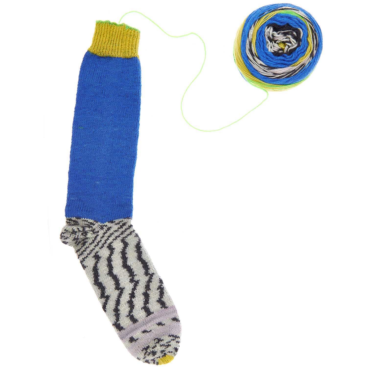 Superba Hottest Socks ever! 4fädig: Bunte Socke mit diagonalen Mustern und passendem Garnknäuel von Rico Design.