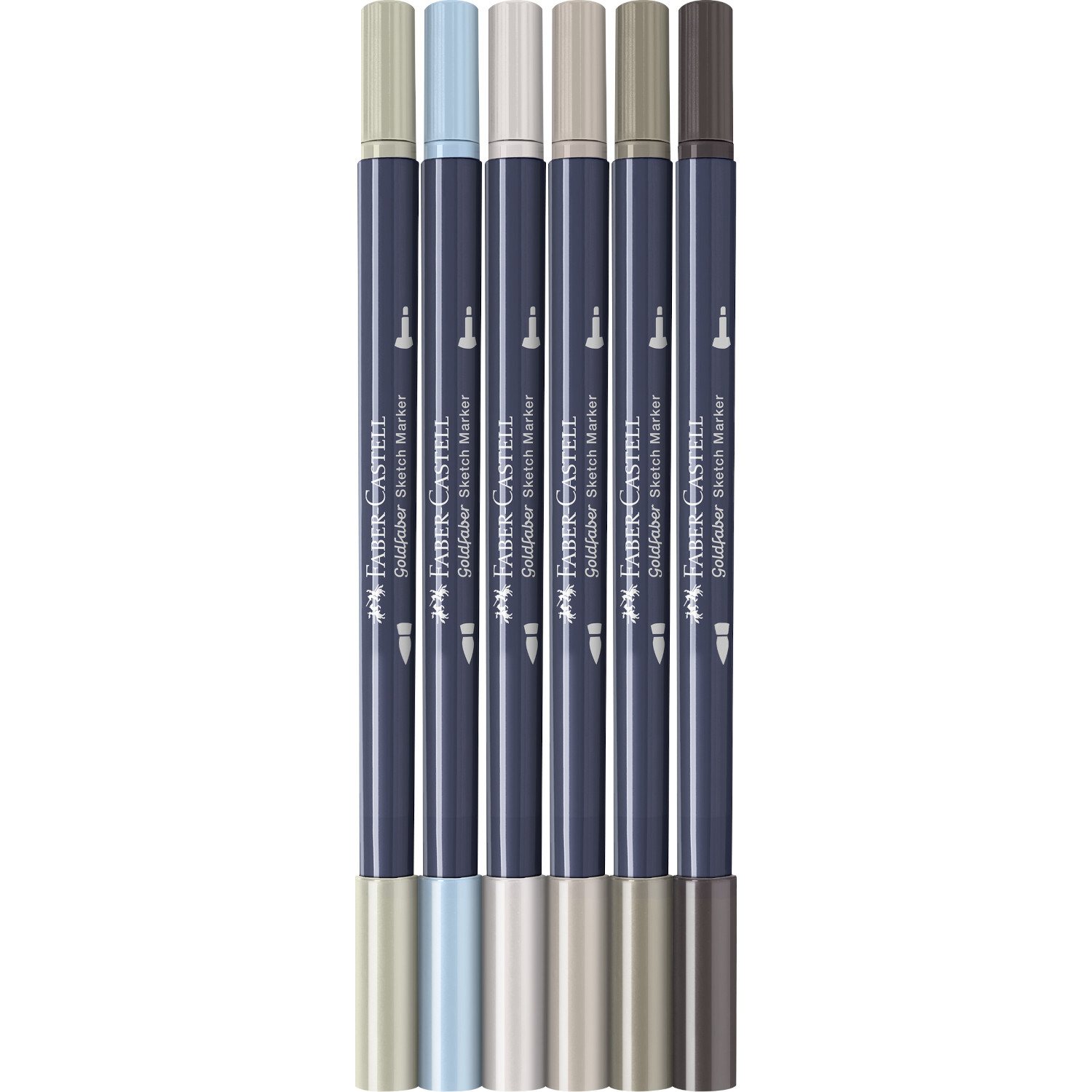 Goldfaber Sketch Marker Architekt Set mit sechs Markern in verschiedenen Grautönen von Faber Castell, ideal für präzises Zeichnen.