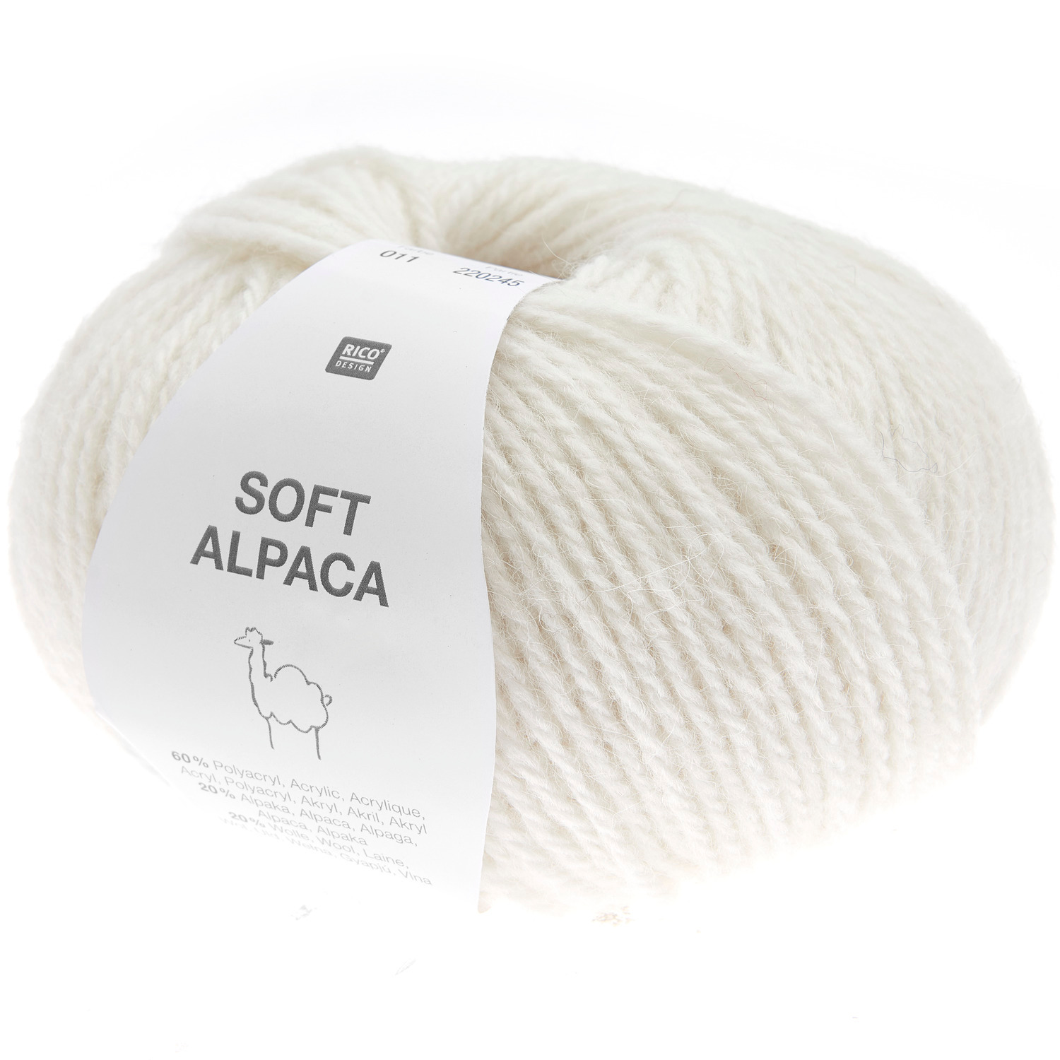 Soft Alpaca, cremefarbenes Garn von Rico Design, ideal für Strick- und Häkelprojekte.