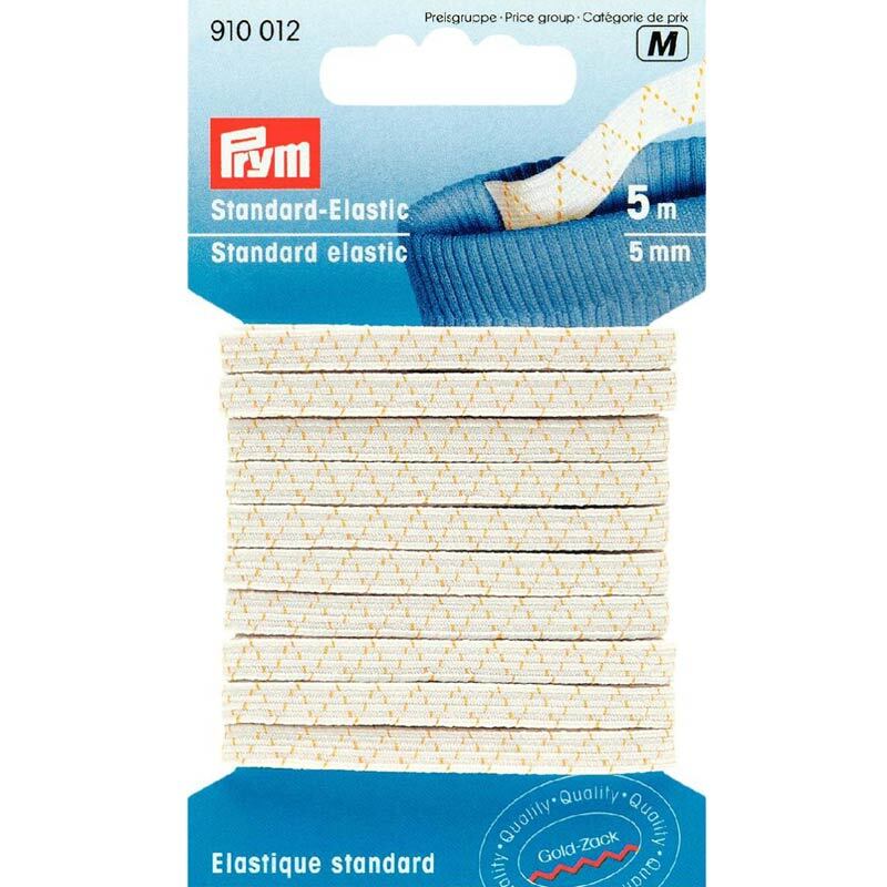 Standard Elastic Gummi 5mm 5m von Prym, verpackt auf einer blauen Karte mit weißem Gummiband.
