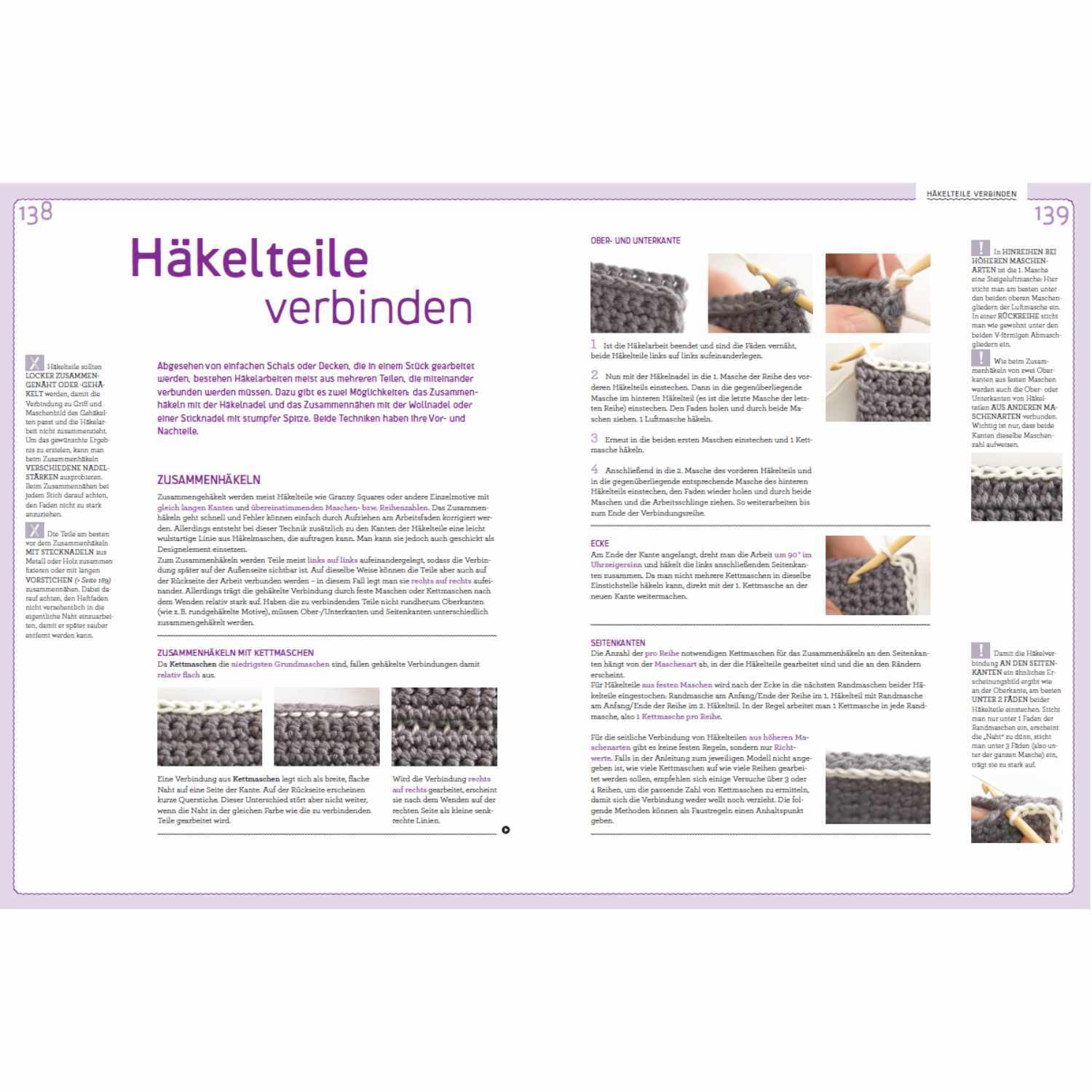 Häkeln - Das Standardwerk: Anleitung zum Verbinden von Häkelteilen mit Bildern und Text.