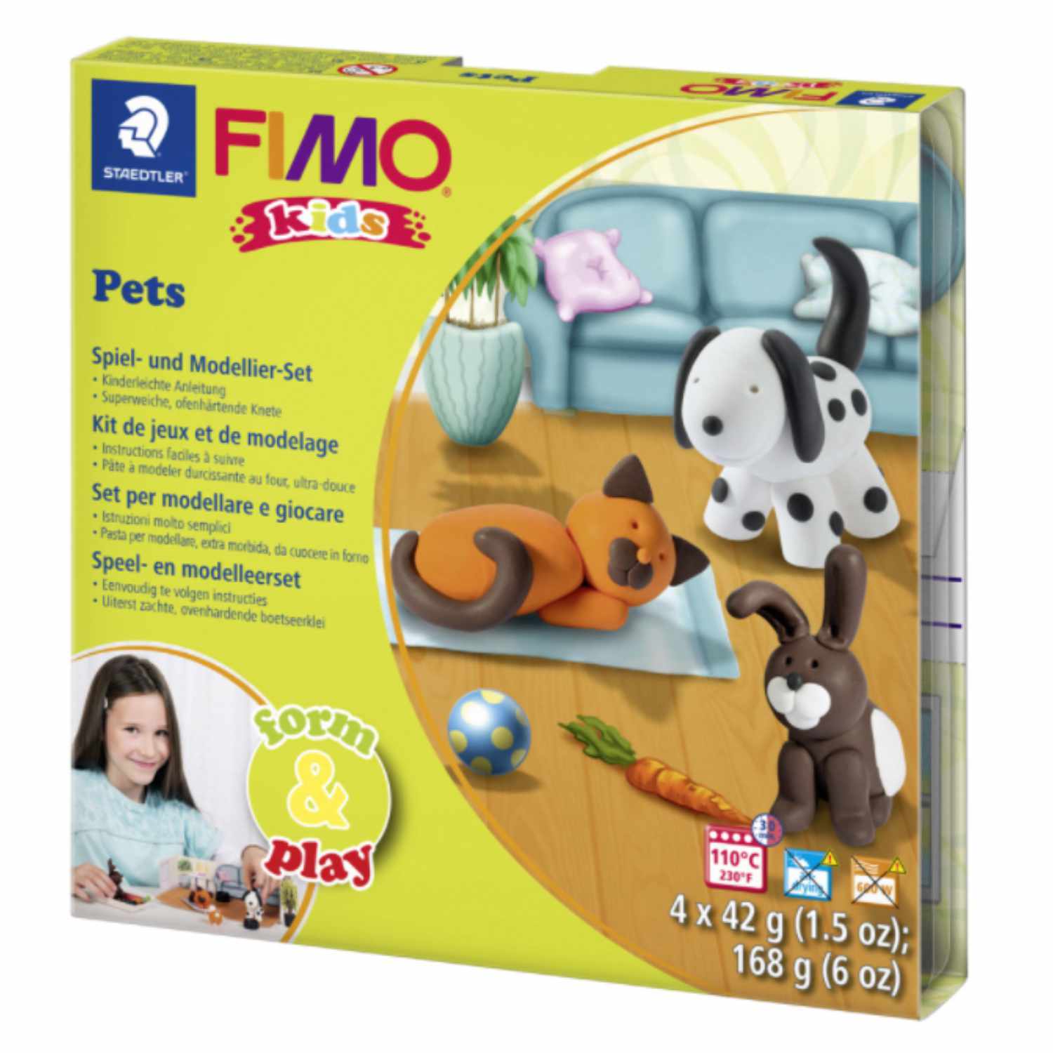 FIMO kids Form & Play Pets: Modellierset von Staedtler mit Tierfiguren und Zubehör auf gelber Verpackung. Ideal für kreatives Spielen und Basteln.