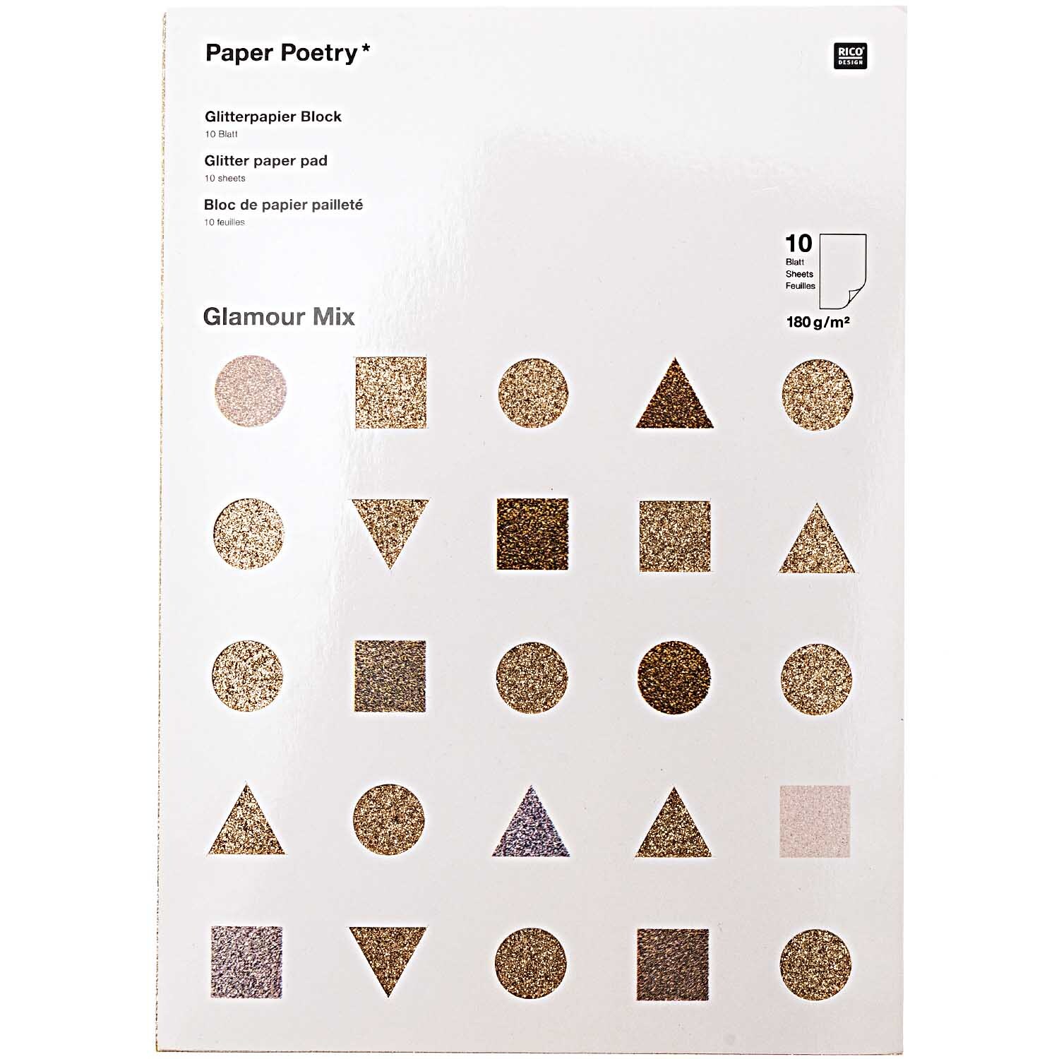 Paper Poetry Glitterpapierblock Glamour Mix mit geometrischen Formen in schimmernden Farben. Ideal für kreative Bastelprojekte.