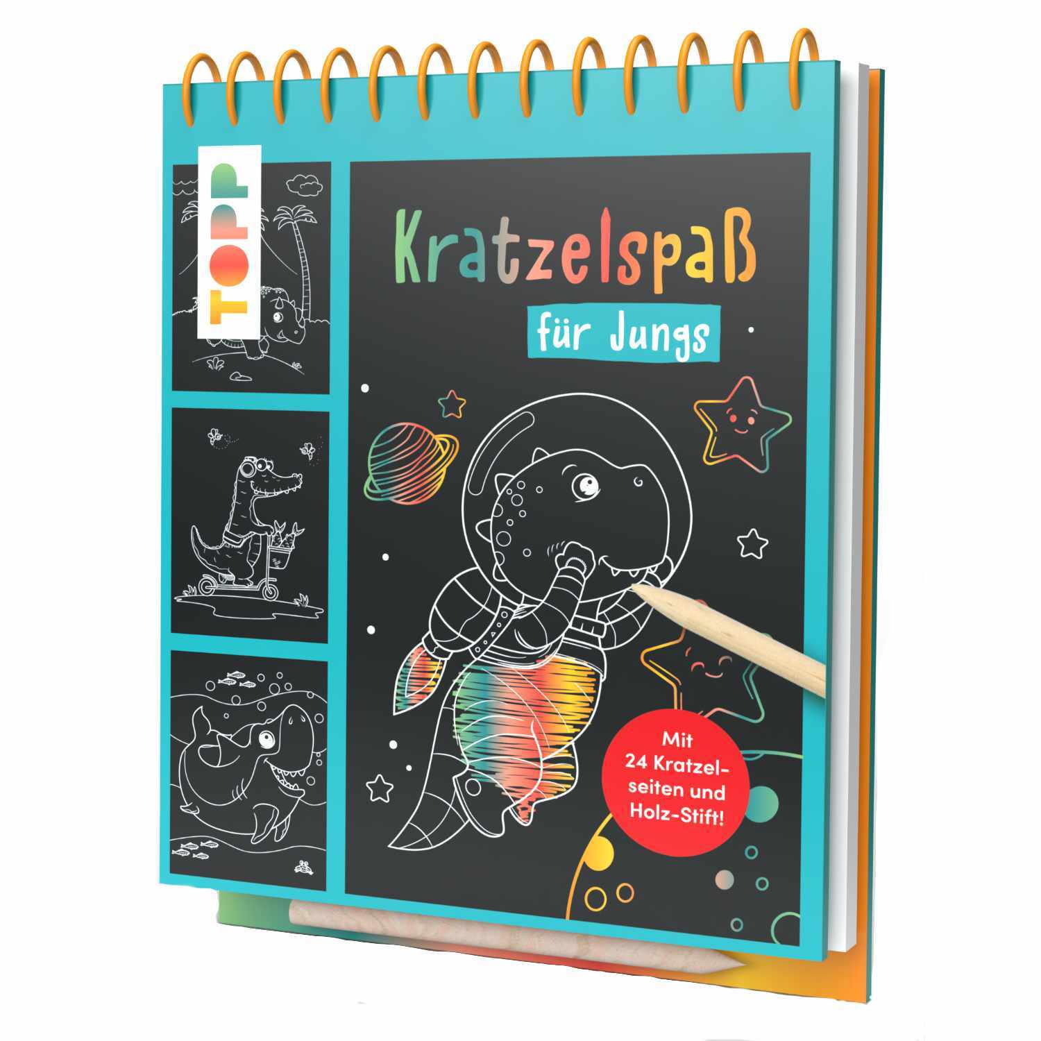 Kratzelspaß für Jungs: Ein Kratzbuch von TOPP mit bunten Illustrationen und Holzstift, ideal für kreative Kinder.