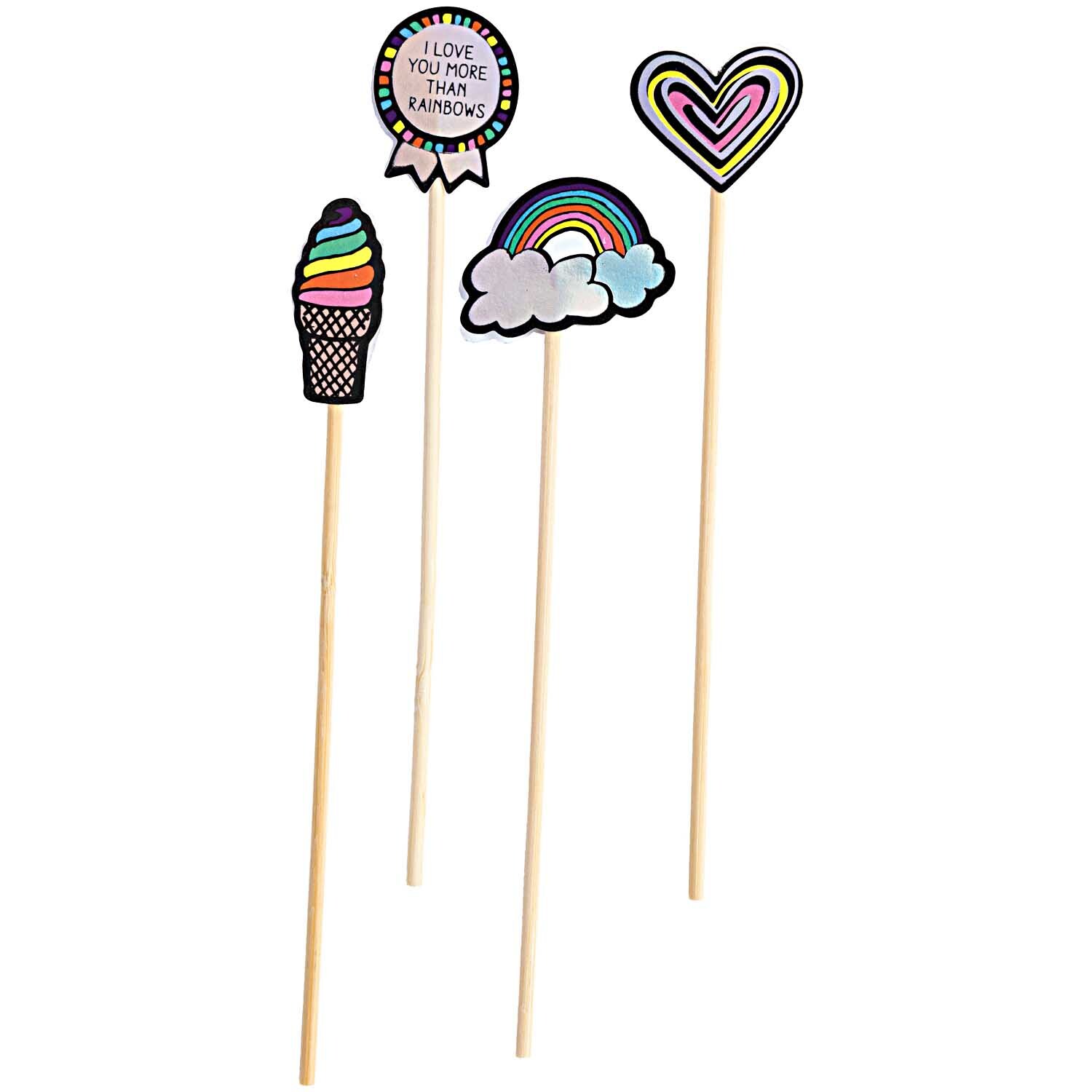 Picker Mix Regenbogen irisierend 15cm 24 Stück: Bunte Party-Picker mit Regenbogenmotiven und Herzdesigns von Rico Design.