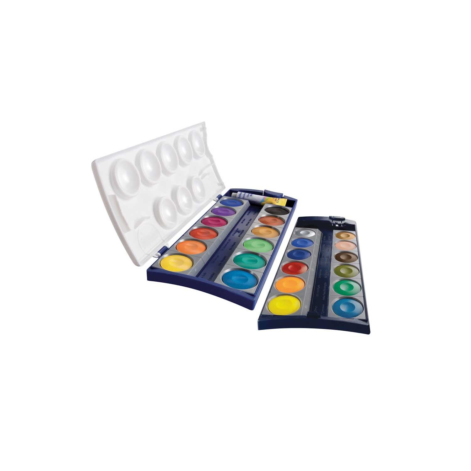 Deckfarbkasten K24 von Pelikan, 24-teilig, zeigt eine geöffnete Palette mit bunten Farben.
