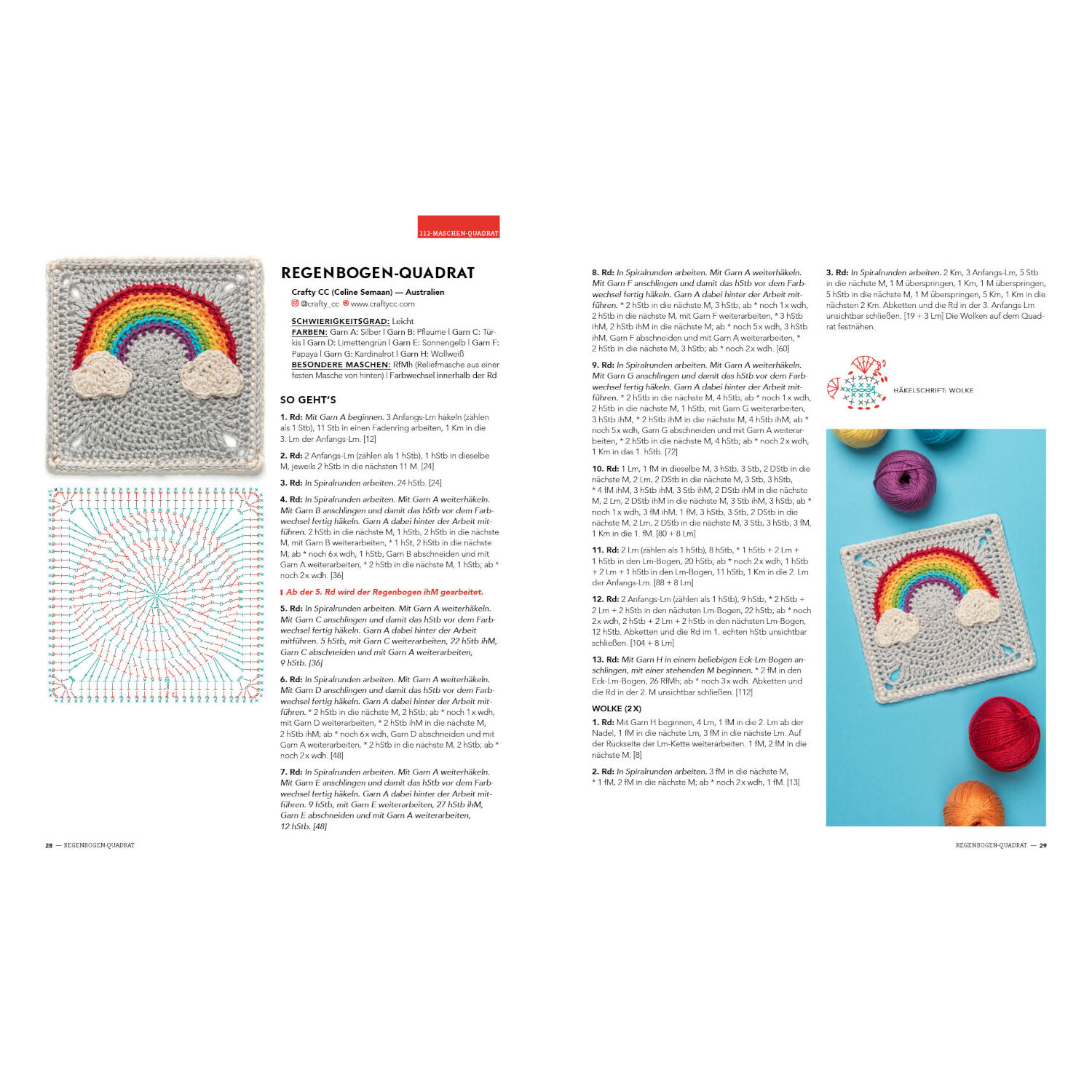 Musterbibel Granny Squares: Anleitung für ein Regenbogen-Quadrat mit buntem Garn und Häkelschrift.