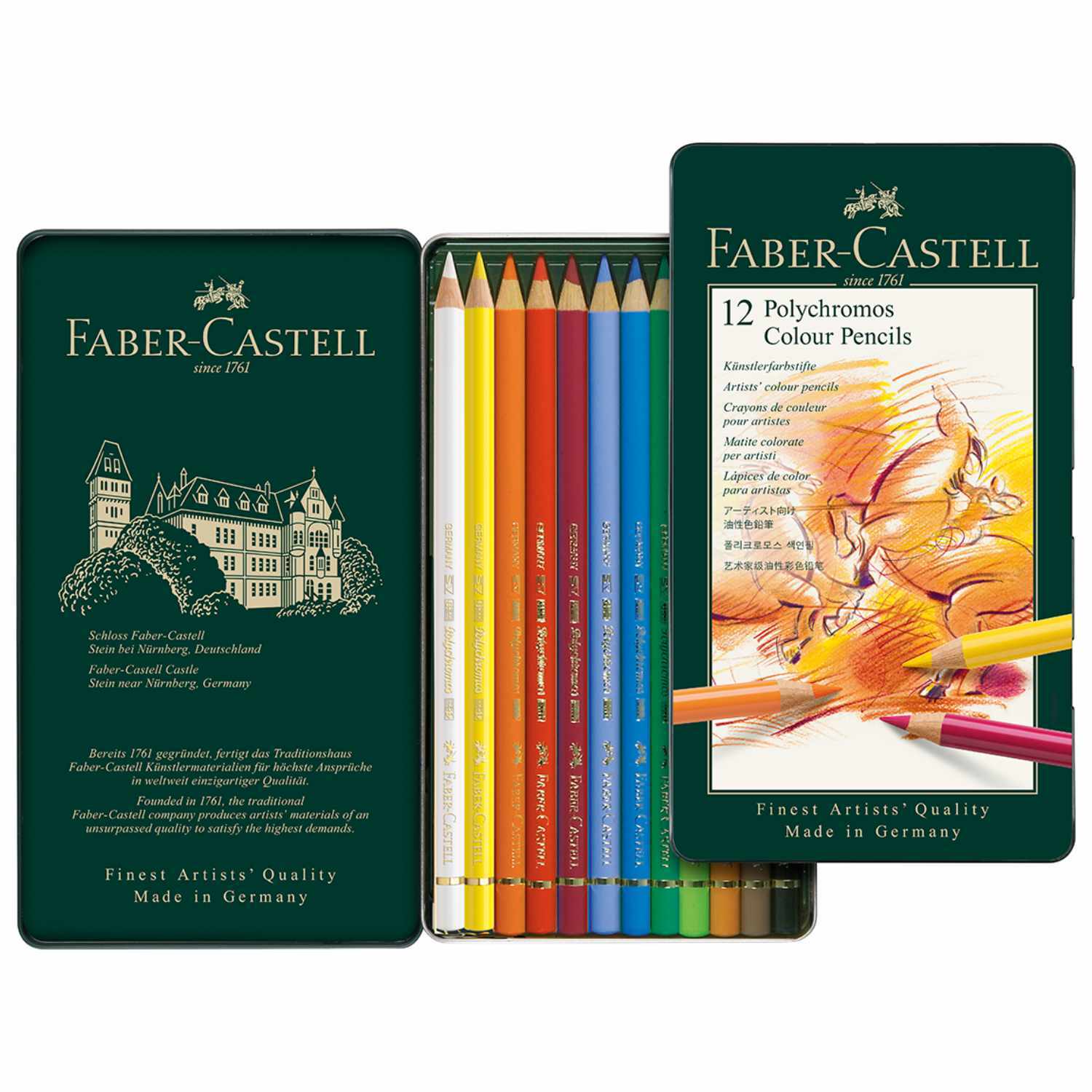 Polychromos Farbstifte Metalletui: 12 bunte Stifte in einem eleganten Faber Castell Etui.