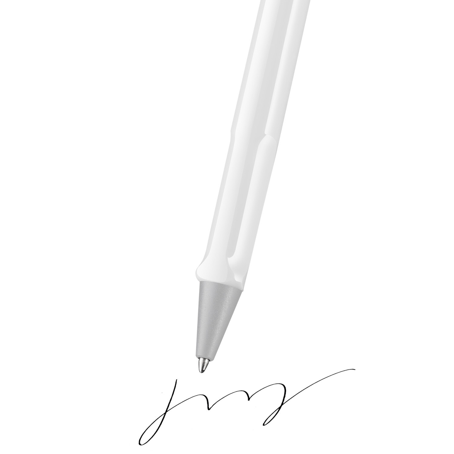 Lamy safari Kugelschreiber in Weiß schreibt auf Papier. Elegantes Design für komfortables Schreiben.