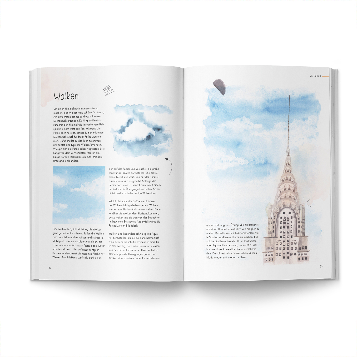 Community Editions Urban Watercolor Journey: Offenes Buch mit Aquarellillustrationen von Wolken und einem Gebäude, Marke May&Berry.