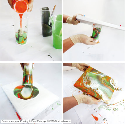 Vier Bilder aneinandergereiht. Plastikbecher mit Farben, Hände die Leinwand und befüllten Becher halten, Becher wird von Leinwand genommen und Leinwand wird schräg gehalten.