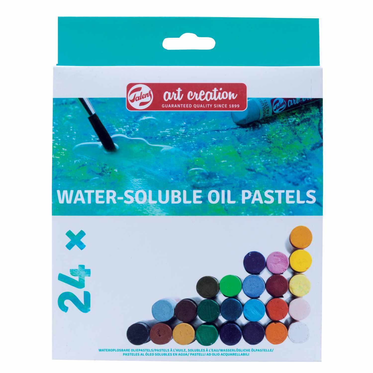 Talens Art Creation Wasserlösliche Ölpastelle Set mit 24 Farben, ideal für kreative Kunstprojekte. Verpackung zeigt bunte Pastelle und Pinsel.