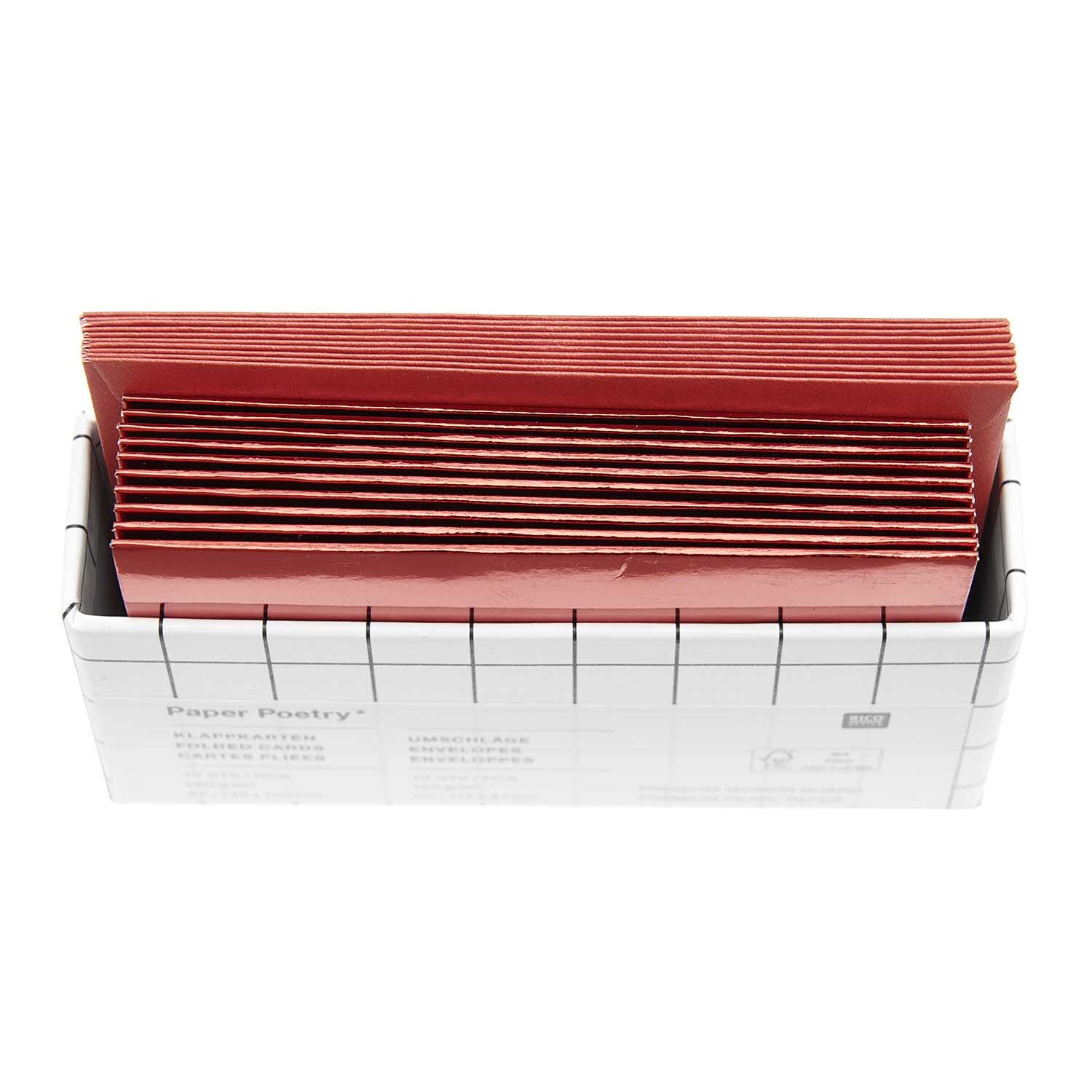 Paper Poetry Kartenset Spiegelkarton in Rot, 20-teilig, von Rico Design. Zeigt rote Karten in einer Box.