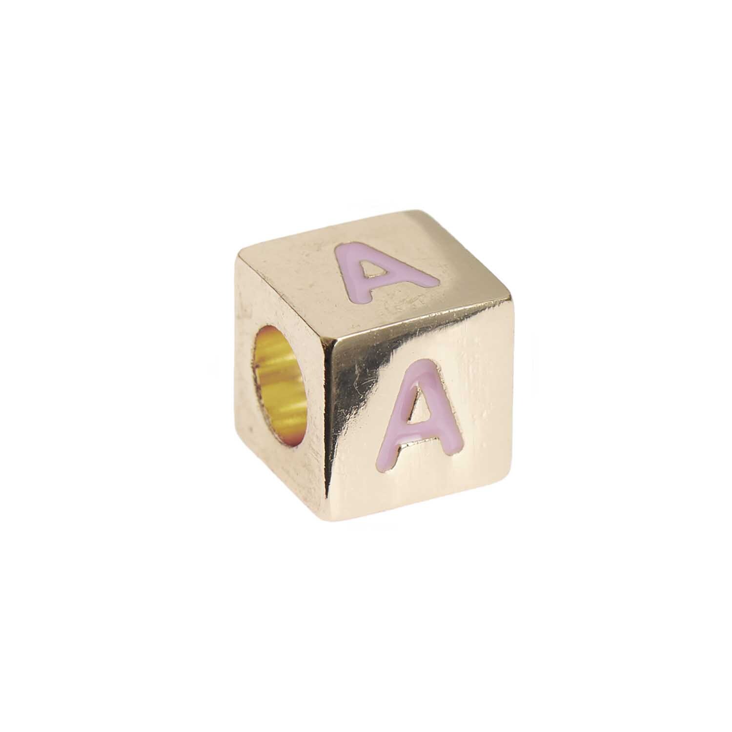 Itoshii - Ponii Beads Buchstabenwürfel in Gold mit rosa Buchstaben von Rico Design, 10x10x10mm.