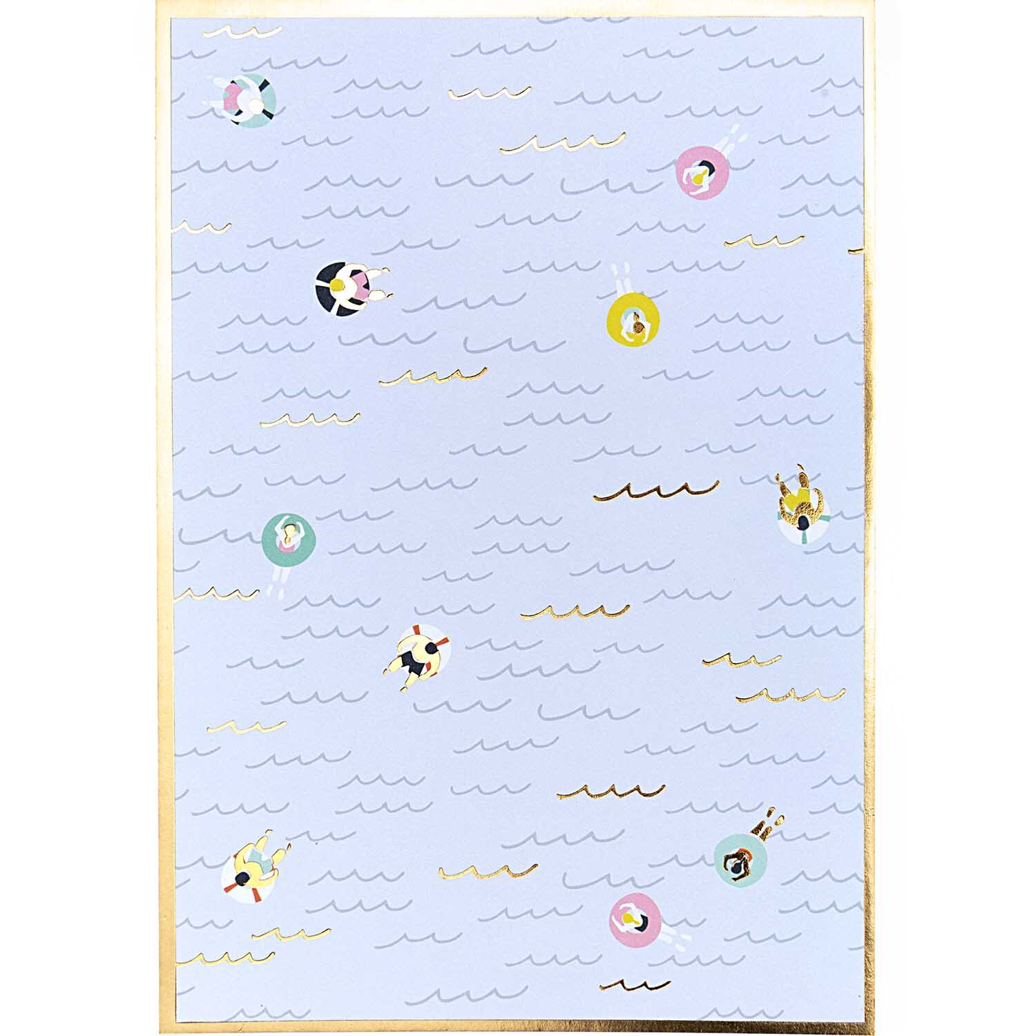 Paper Poetry Postkartenblock Maritim mit 12 Karten zeigt ein maritimes Design mit bunten Schwimmern auf blauem Hintergrund.