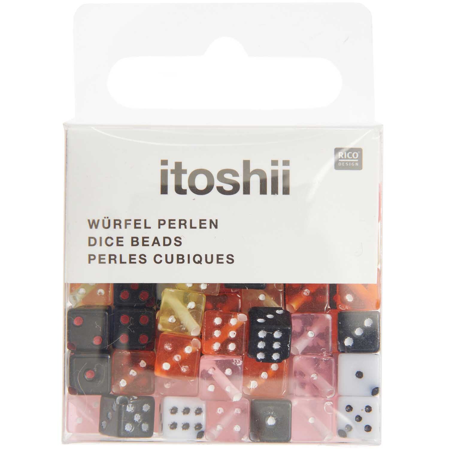 Itoshii Perlen Würfel 6mm, 96 Stück in einer Packung von Rico Design. Bunte Würfelperlen in verschiedenen Farben.