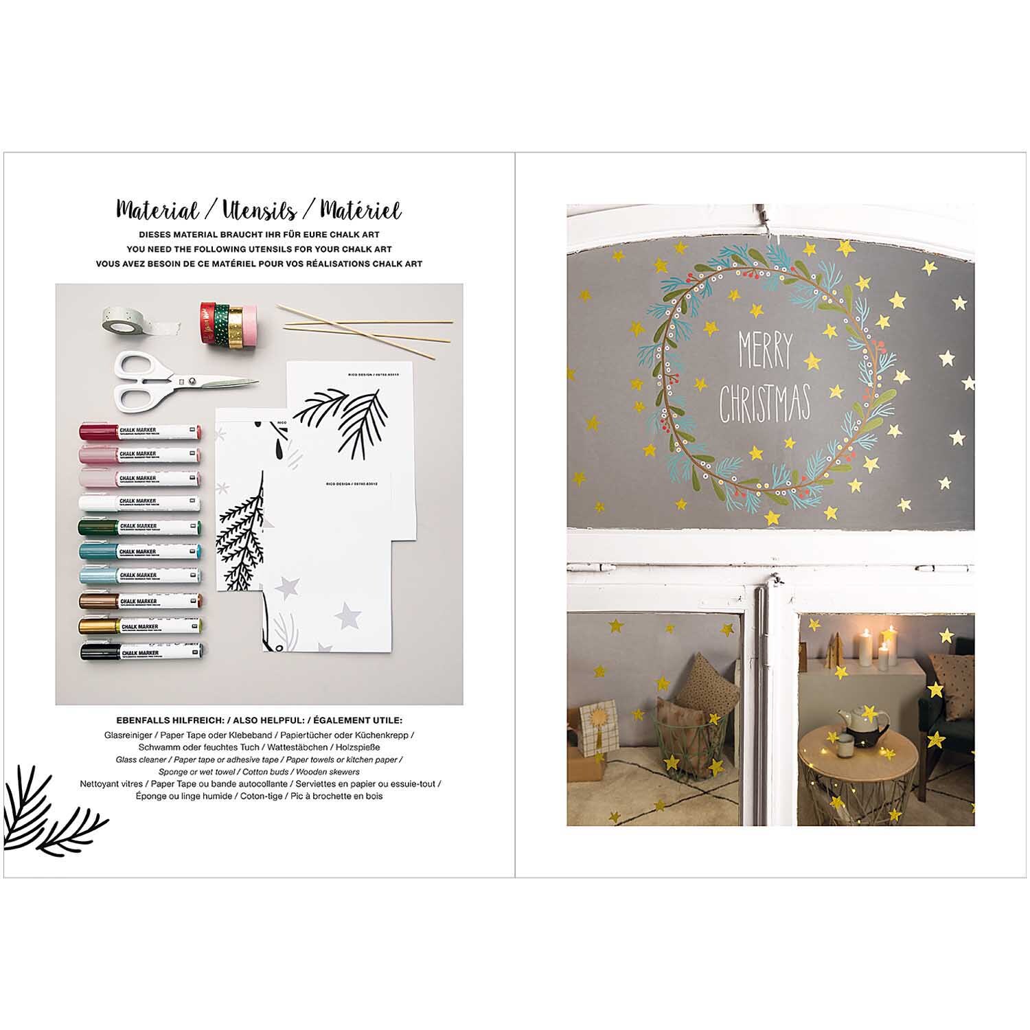 Vorlagenmappe Christmas Classics für Fenster- und Glasmalerei mit Kreidestiften, zeigt festliche Designs und Materialien von Rico Design.