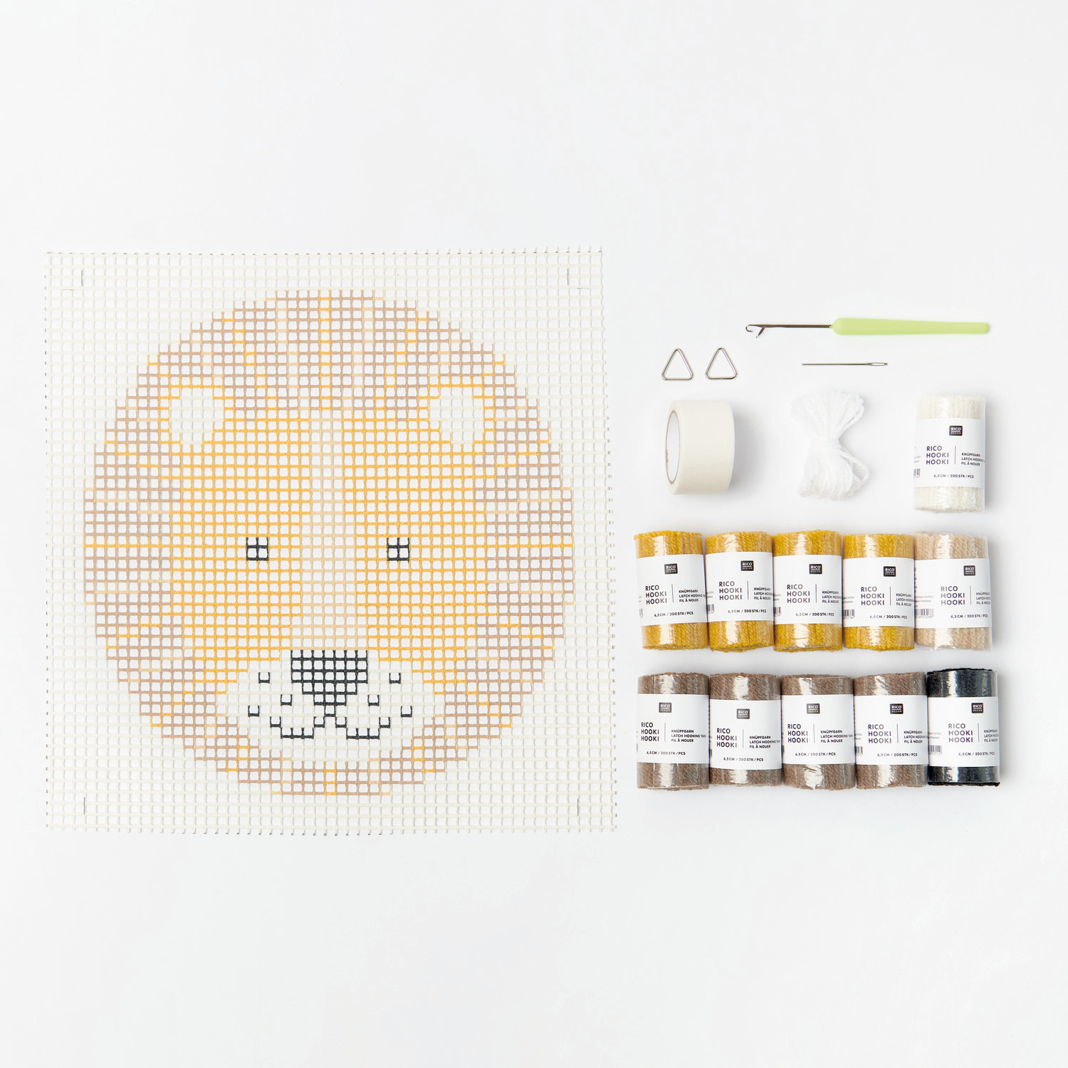 Rico Hooki Hooki Knüpfset Wandbehang Löwe mit Garnen und Werkzeugen für kreatives Basteln. Ideal für DIY-Projekte, Ø28cm.