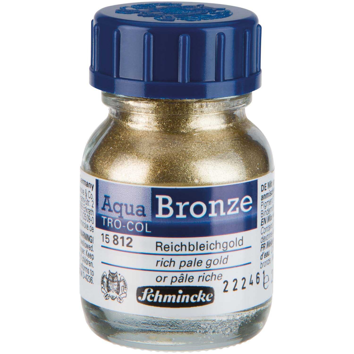 Aqua-Bronze 20ml von Schmincke in Reichbleichgold. Glasflasche mit blauem Deckel, ideal für Künstler.