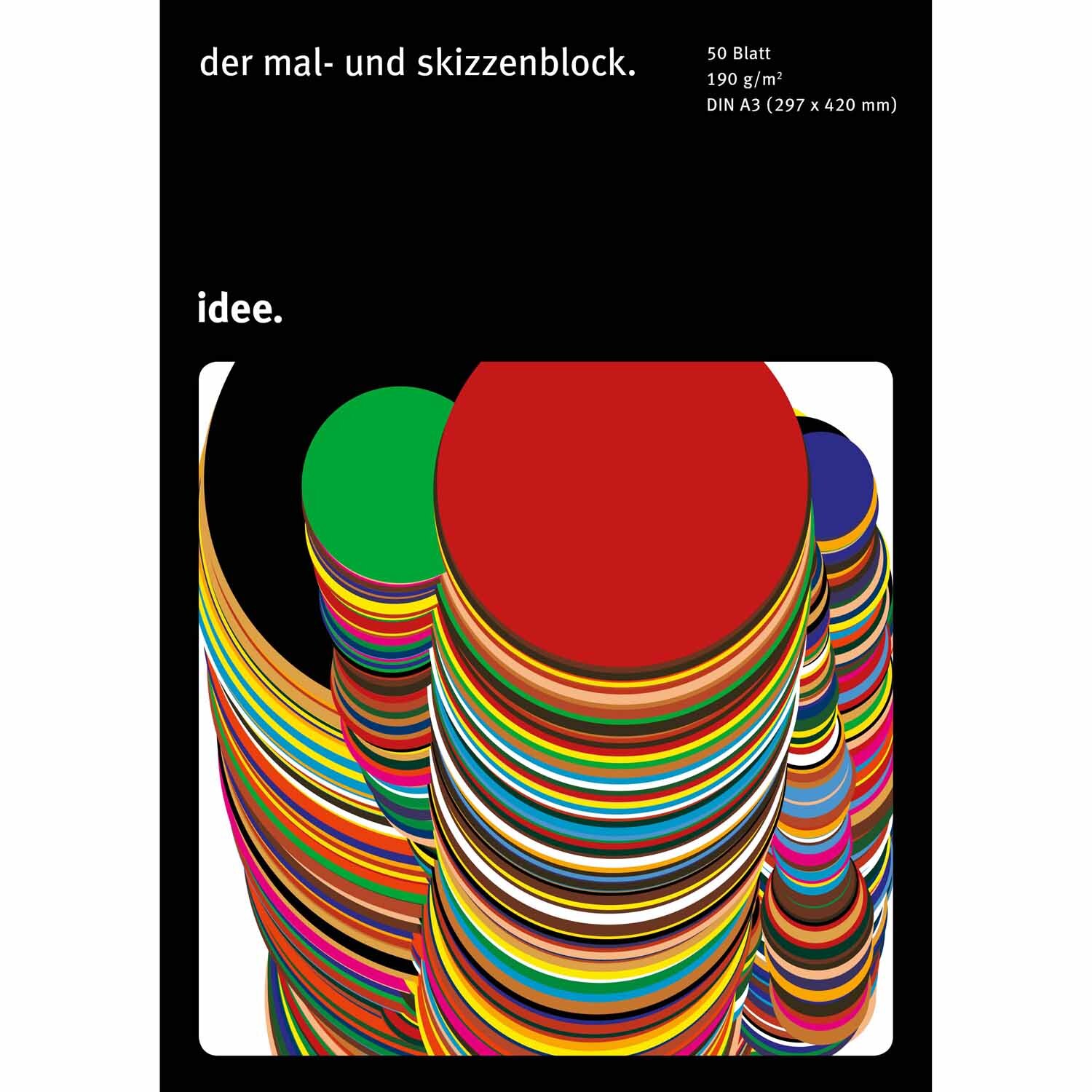 Skizzenblock 190g/m² 50 Blatt von Hahnemühle mit bunten, übereinander gestapelten Kreisen auf schwarzem Hintergrund.