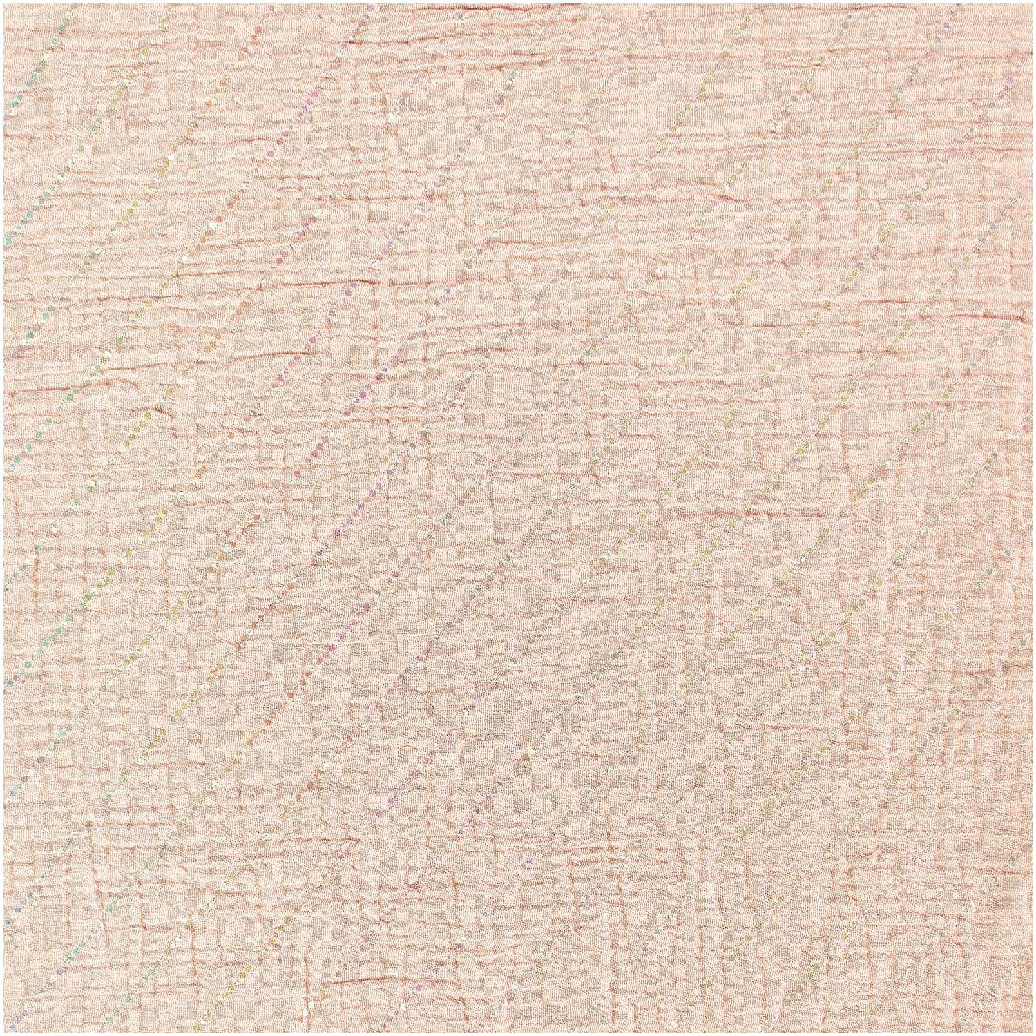 Meterware Krinkelmusselin Streifen Apricot zeigt weichen Stoff mit feinen Streifenmuster, ideal für kreative Nähprojekte.