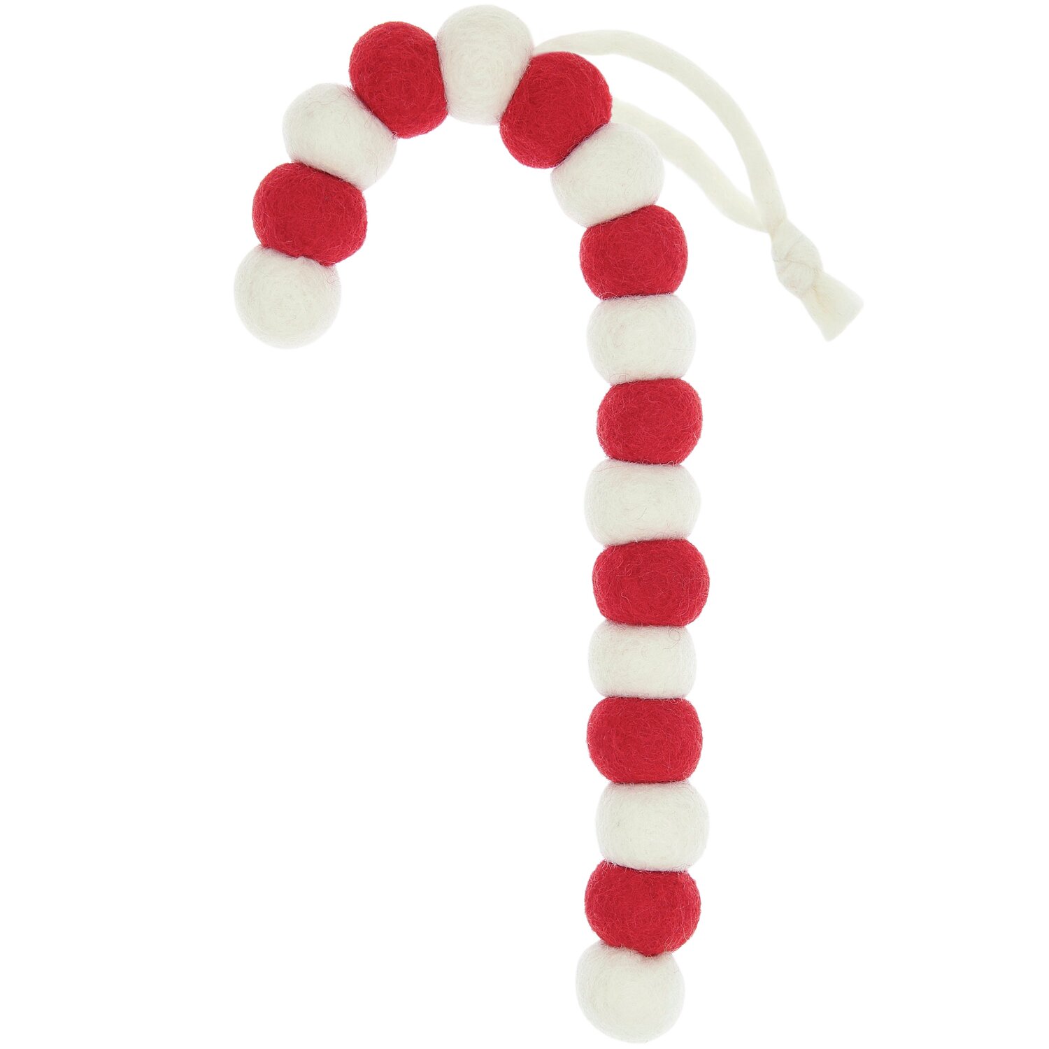 Aufhänger Filzkugeln Zuckerstange Rot/Weiß, dekorativer Weihnachtsschmuck von Rico Design, bestehend aus roten und weißen Filzkugeln.