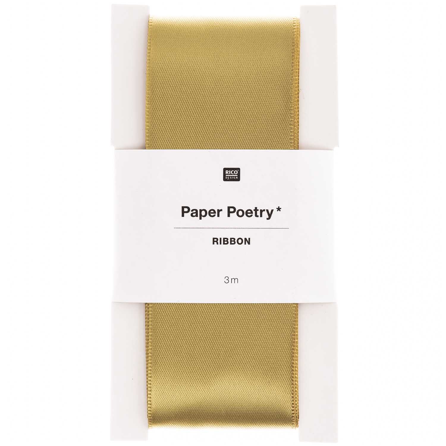 Paper Poetry Satinband 38mm 3m in Senf von Rico Design, präsentiert auf weißem Hintergrund.