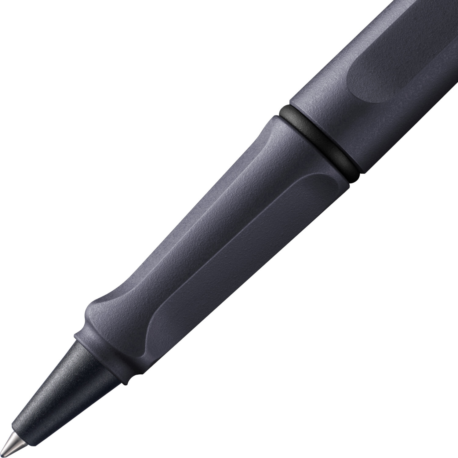 Kugelschreiber Lamy safari in Steel Black, Nahaufnahme der Spitze mit ergonomischem Design.