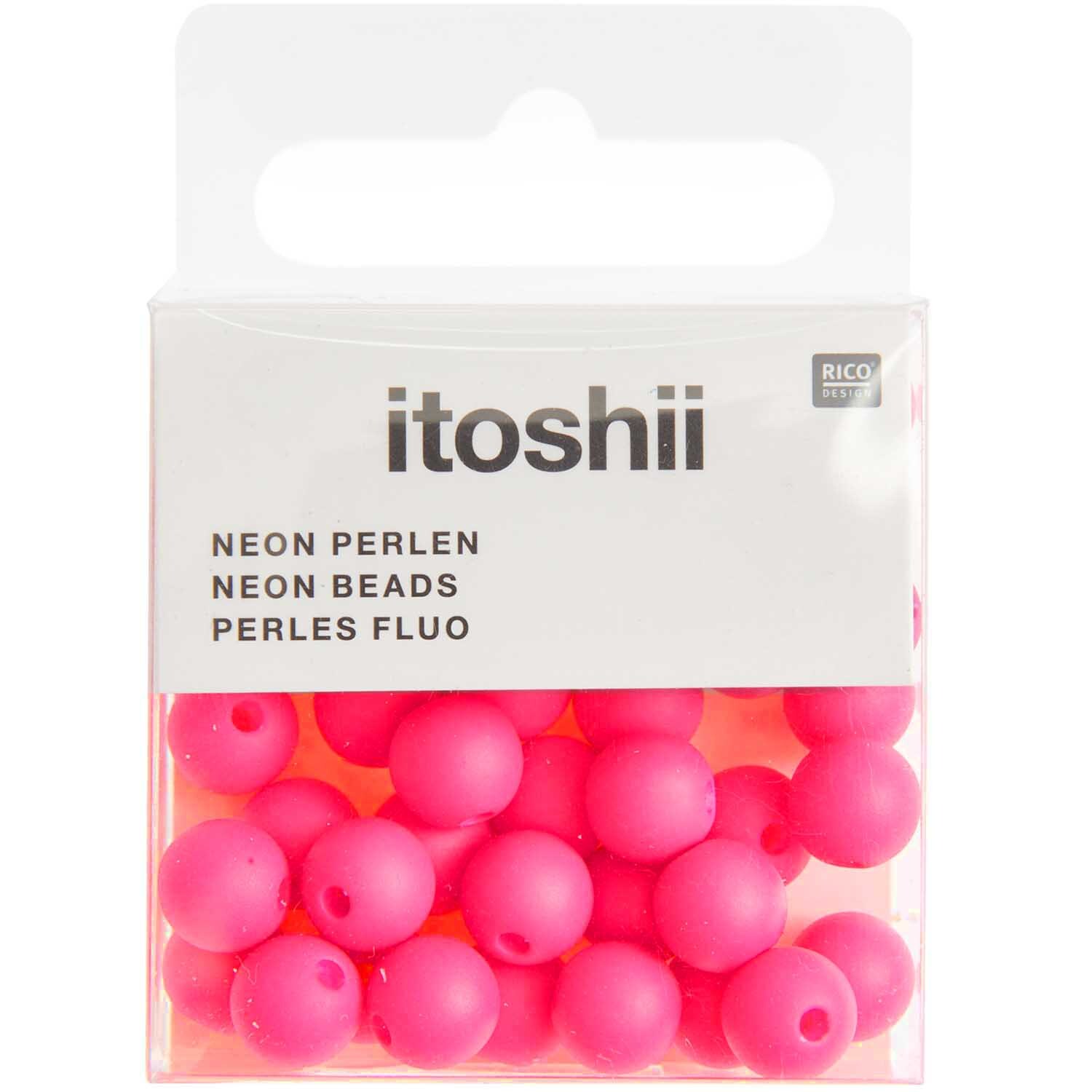 Itoshii Kunststoffperlen in leuchtendem Neon Pink, 8mm, 40 Stück, von Rico Design in einer transparenten Verpackung.