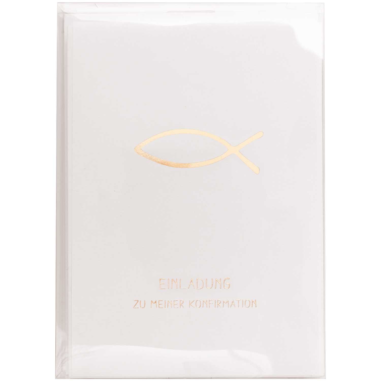 Paper Poetry Karten Einladung Konfirmation zeigt ein schlichtes weißes Design mit einem goldenen Fischsymbol.