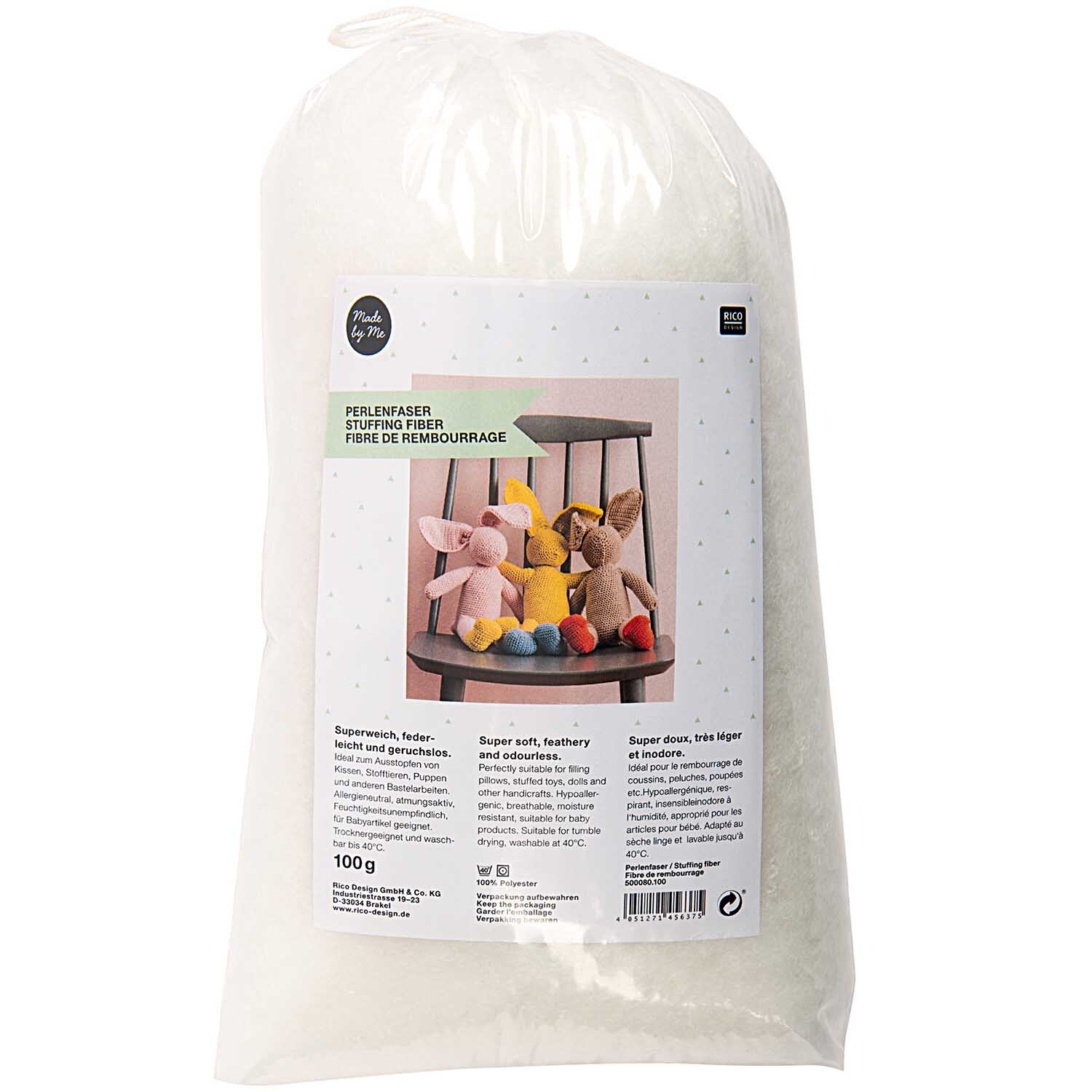 Perlenfaser 100g von Rico Design: Ein Beutel mit weicher, weißer Füllwatte für kreative Projekte.